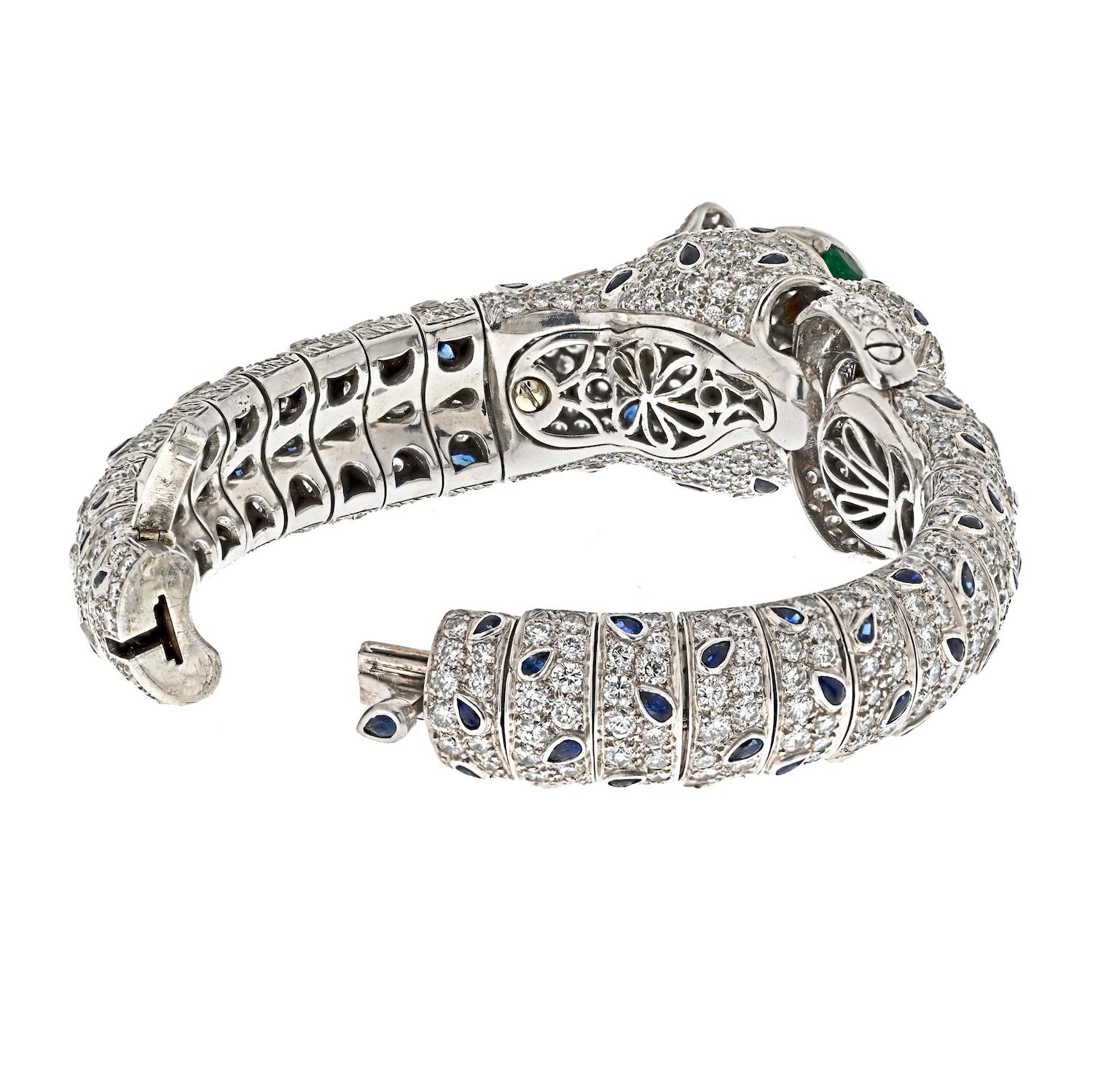 Bracelet en platine, diamant et saphir avec panthère Animal Estate  Excellent état - En vente à New York, NY