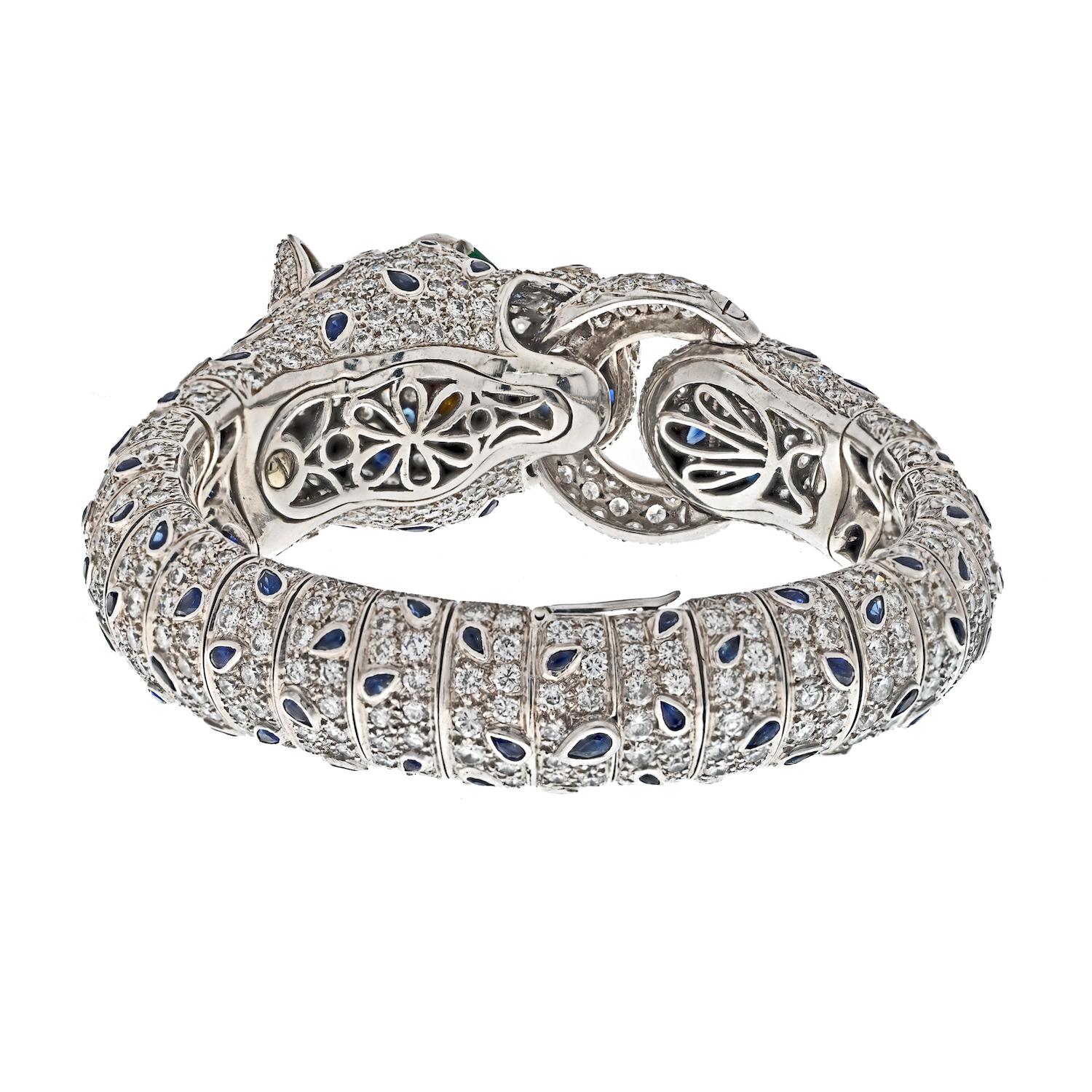 Bracelet en platine, diamant et saphir avec panthère Animal Estate  Pour femmes en vente