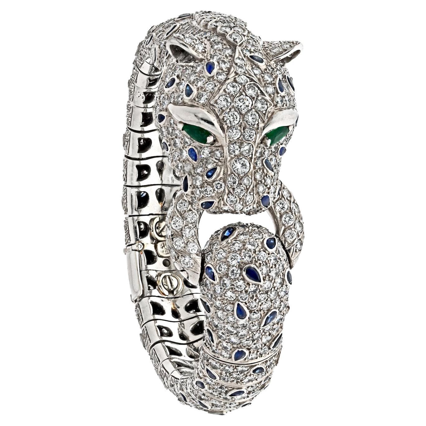 Platinum Diamond And Sapphire Panther Animal Estate Bangle Bracelet 