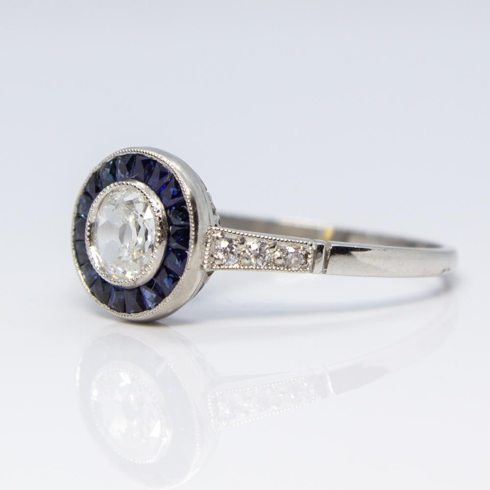 Art Deco Platinum Diamond and Sapphire Ring For Sale