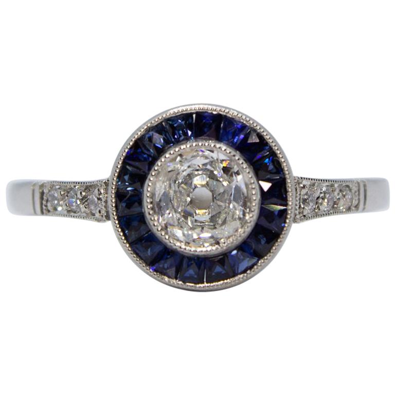 Platinum Diamond and Sapphire Ring For Sale