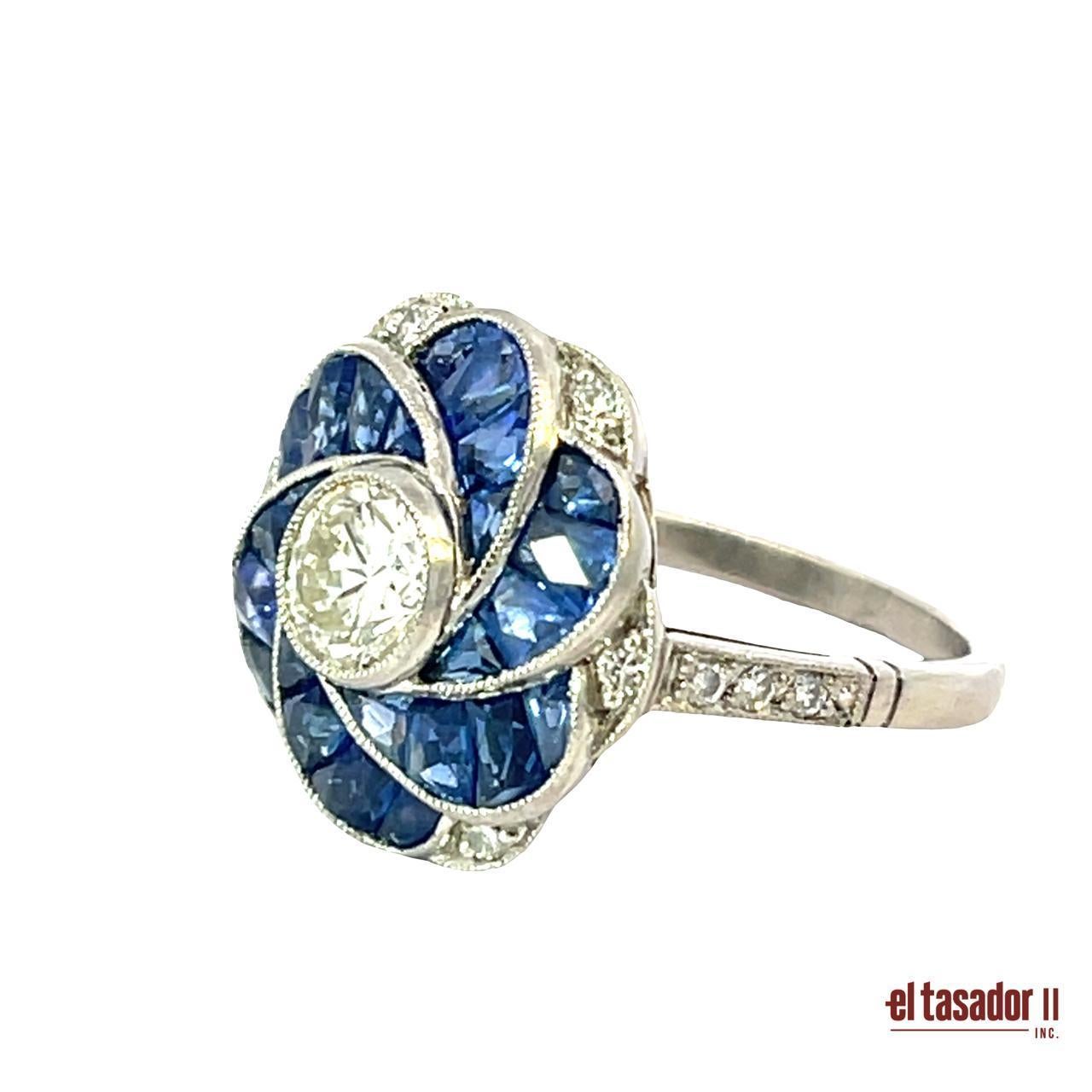 Art Déco Anello con diamante e zaffiro in platino - 5,6g in vendita
