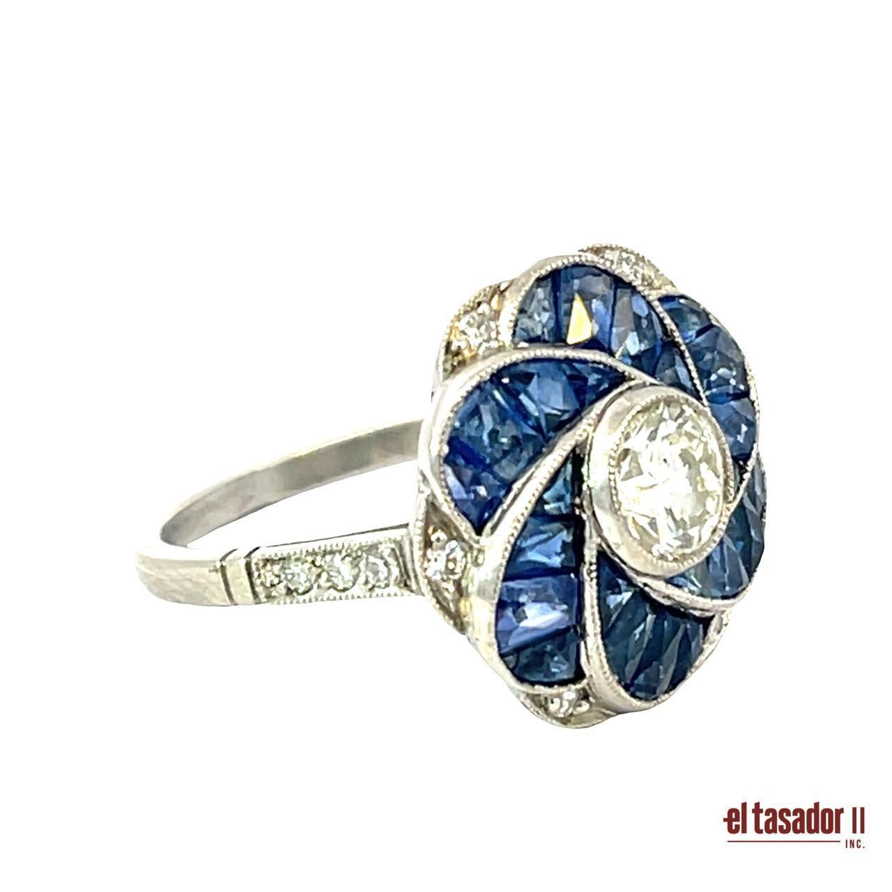 Taglio brillante Anello con diamante e zaffiro in platino - 5,6g in vendita