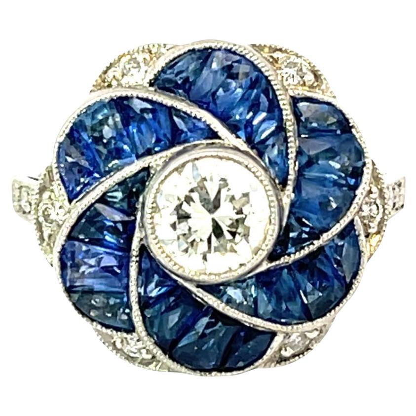 Anello con diamante e zaffiro in platino - 5,6g in vendita