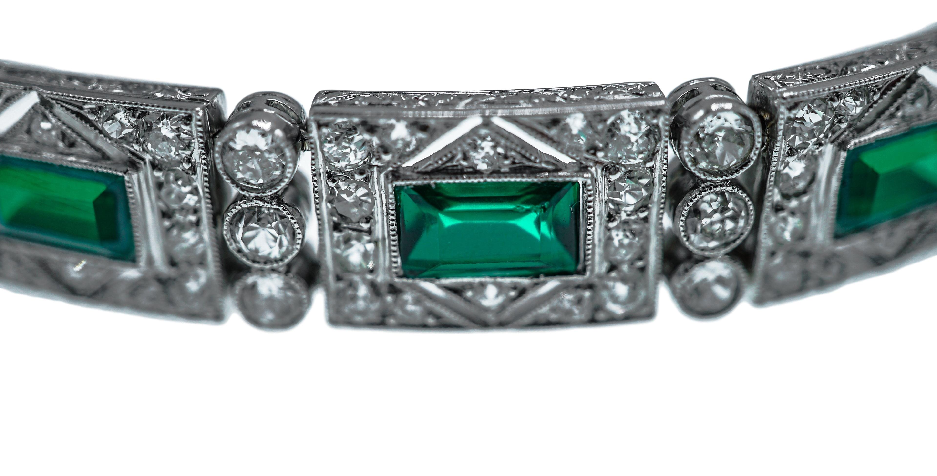 Art Deco Platinum, Diamond and Simulated Emerald Bracelet, France For Sale
