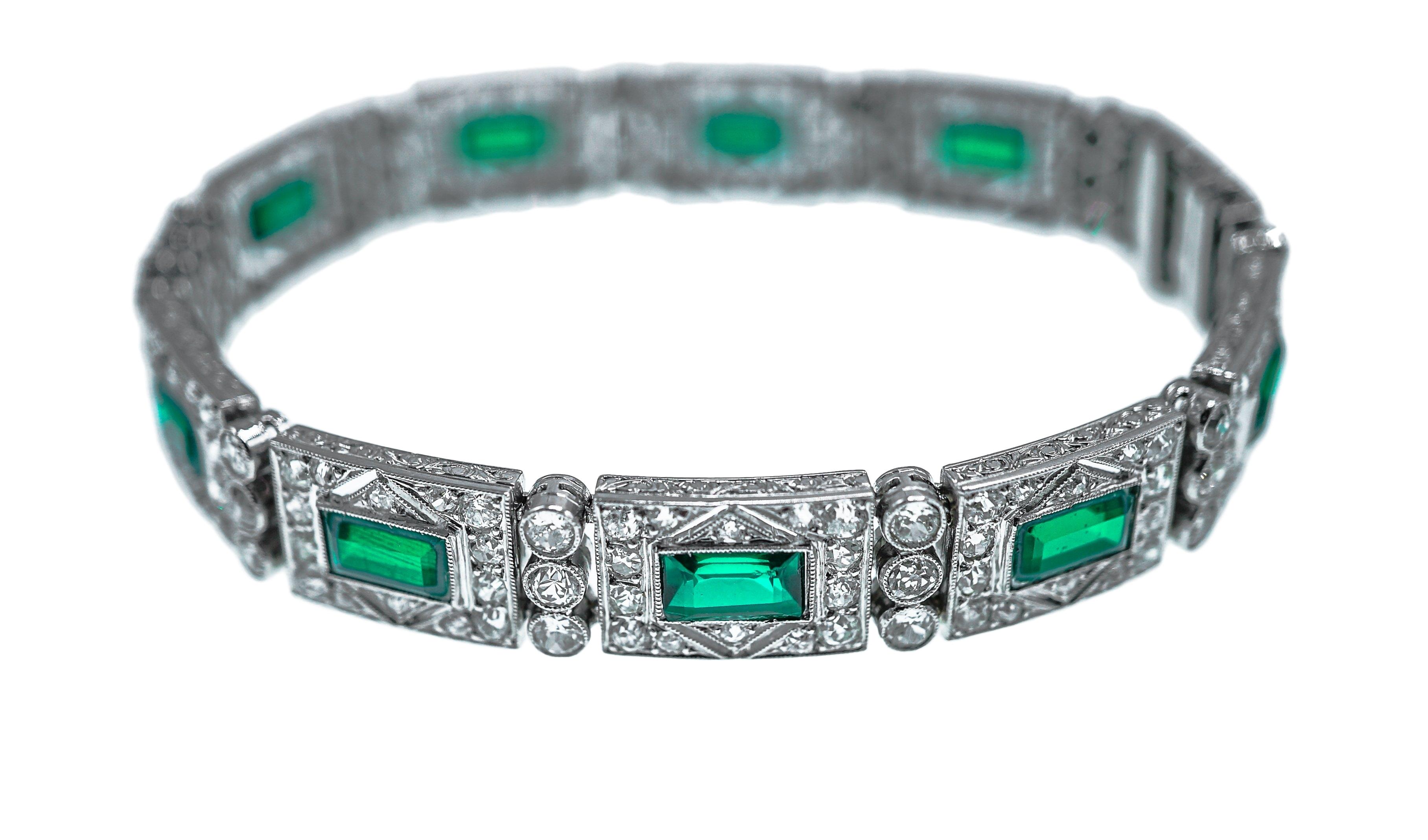 Platinum, Diamond and Simulated Emerald Bracelet, France In Excellent Condition For Sale In New York, NY