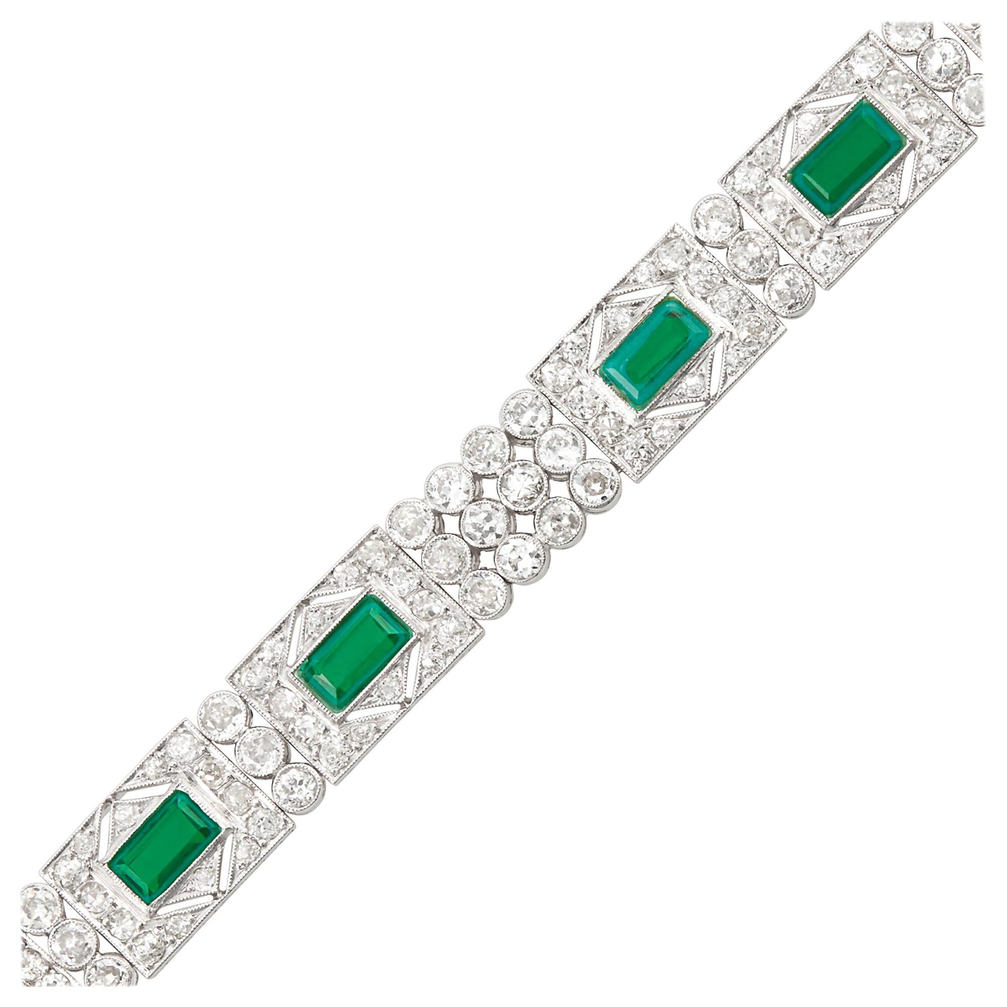 Platinum, Diamond and Simulated Emerald Bracelet, France For Sale