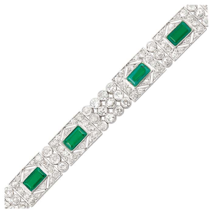 Platinum, Diamond and Simulated Emerald Bracelet, France For Sale at ...