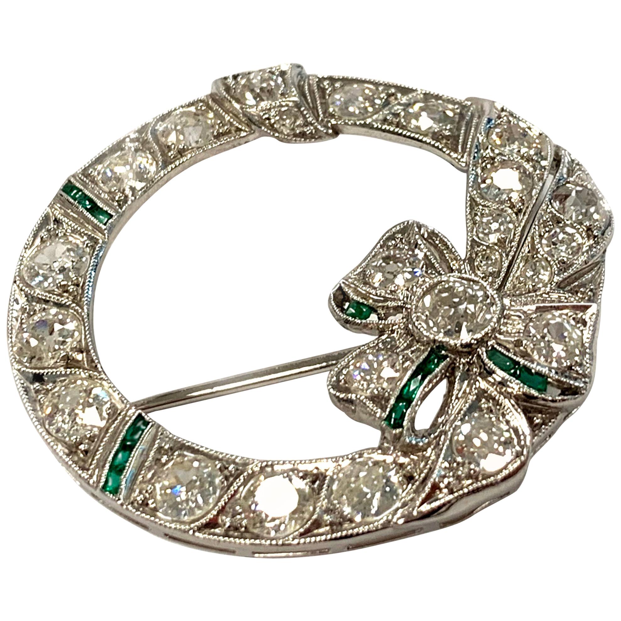 Platinum, Diamond, and Simulated Emerald Wreath Pendant-Brooch For Sale