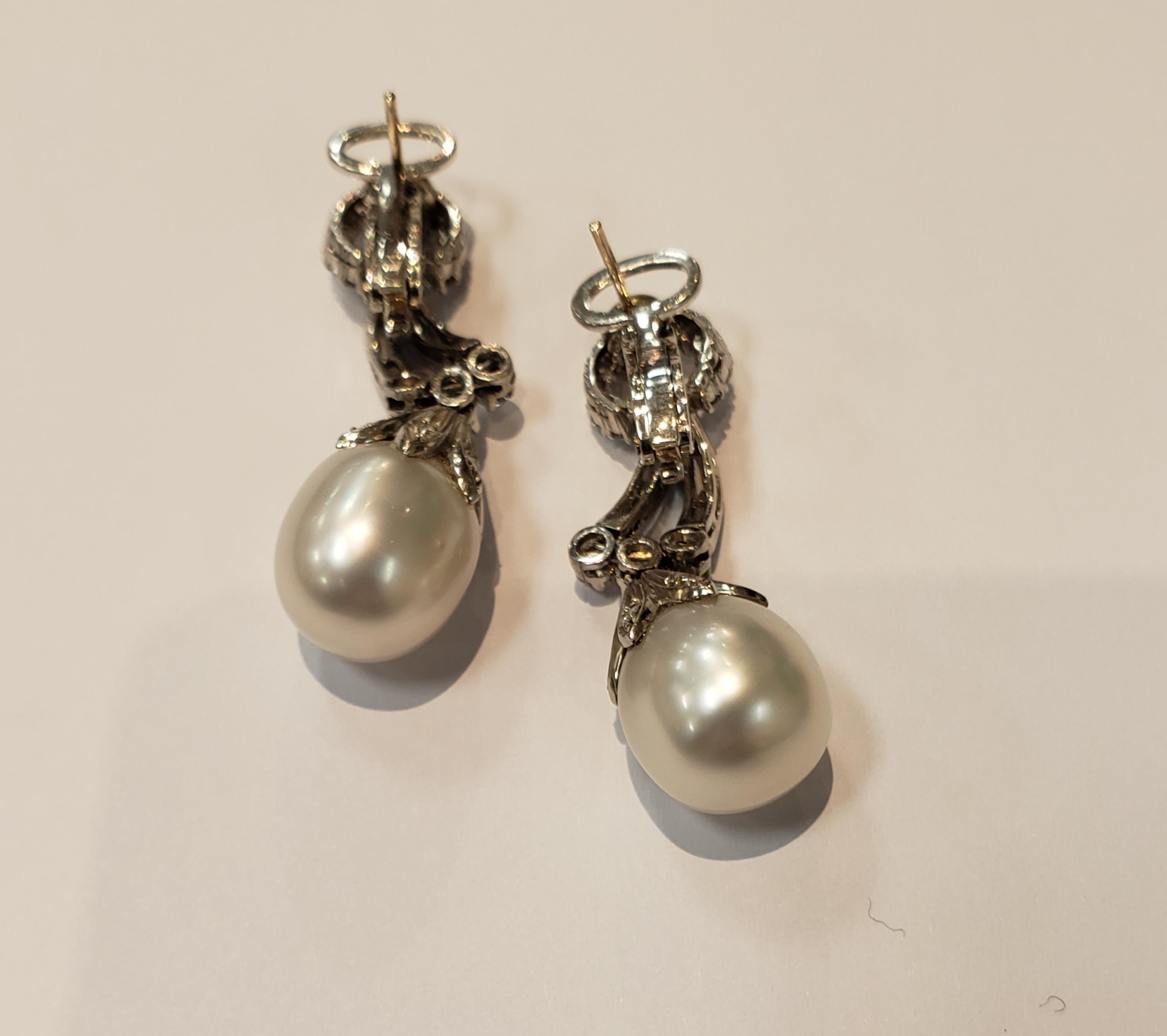 Contemporary Platinum, Diamond and South Sea Pearl Drop Earrings