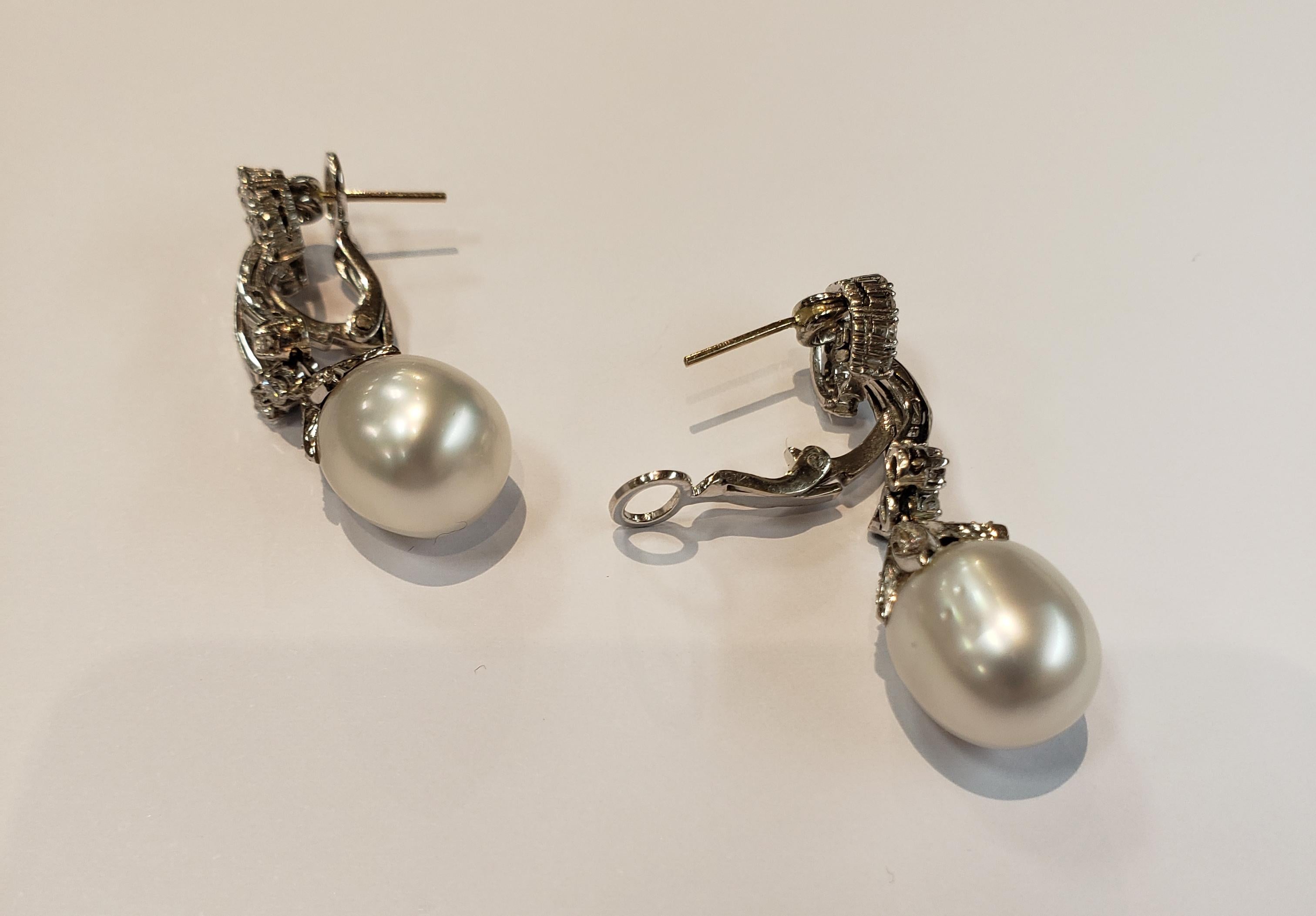 Round Cut Platinum, Diamond and South Sea Pearl Drop Earrings