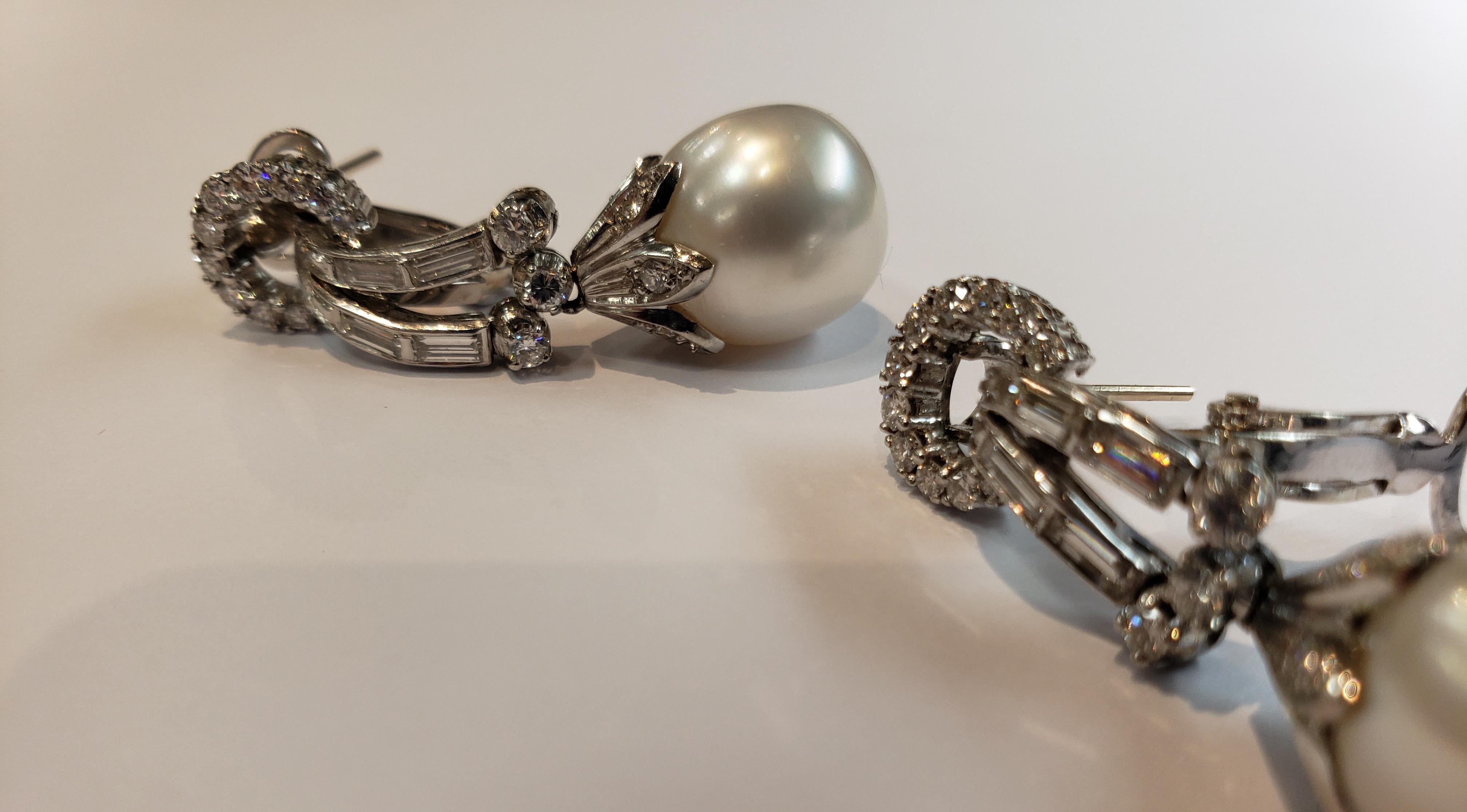 Platinum, Diamond and South Sea Pearl Drop Earrings In Good Condition In Red Bank, NJ