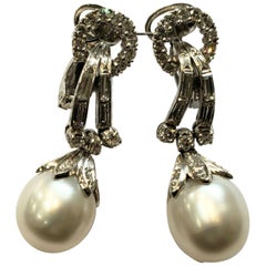 Vintage Platinum, Diamond and South Sea Pearl Drop Earrings