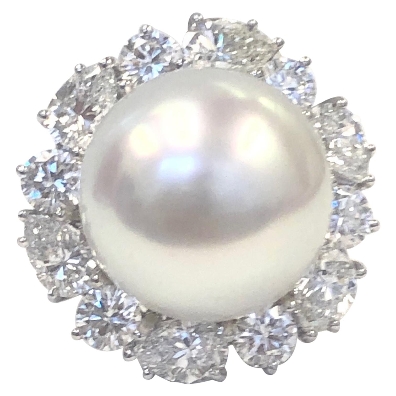 Platinum Diamond and 16.2mm South Sea Pearl Ring For Sale