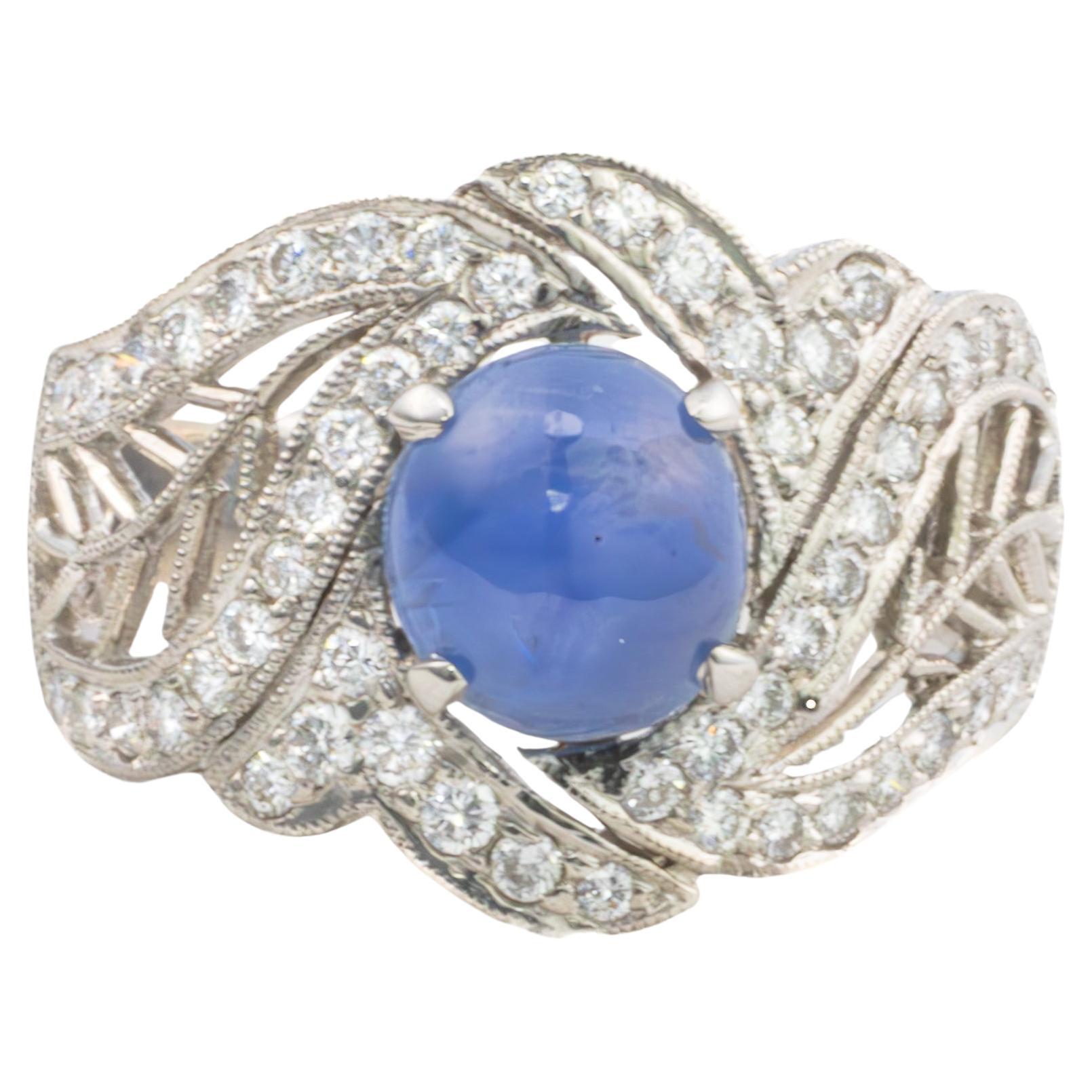 Platin Diamant und Sternsaphir offener filigraner Ring im Angebot