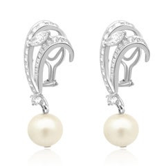 Platinum Diamond and Synthetic Pearl Ribbon Drop Earrings