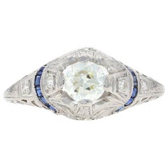 Vintage Platinum Diamond and Synthetic Sapphire Art Deco Engagement Ring .48 Carat GIA