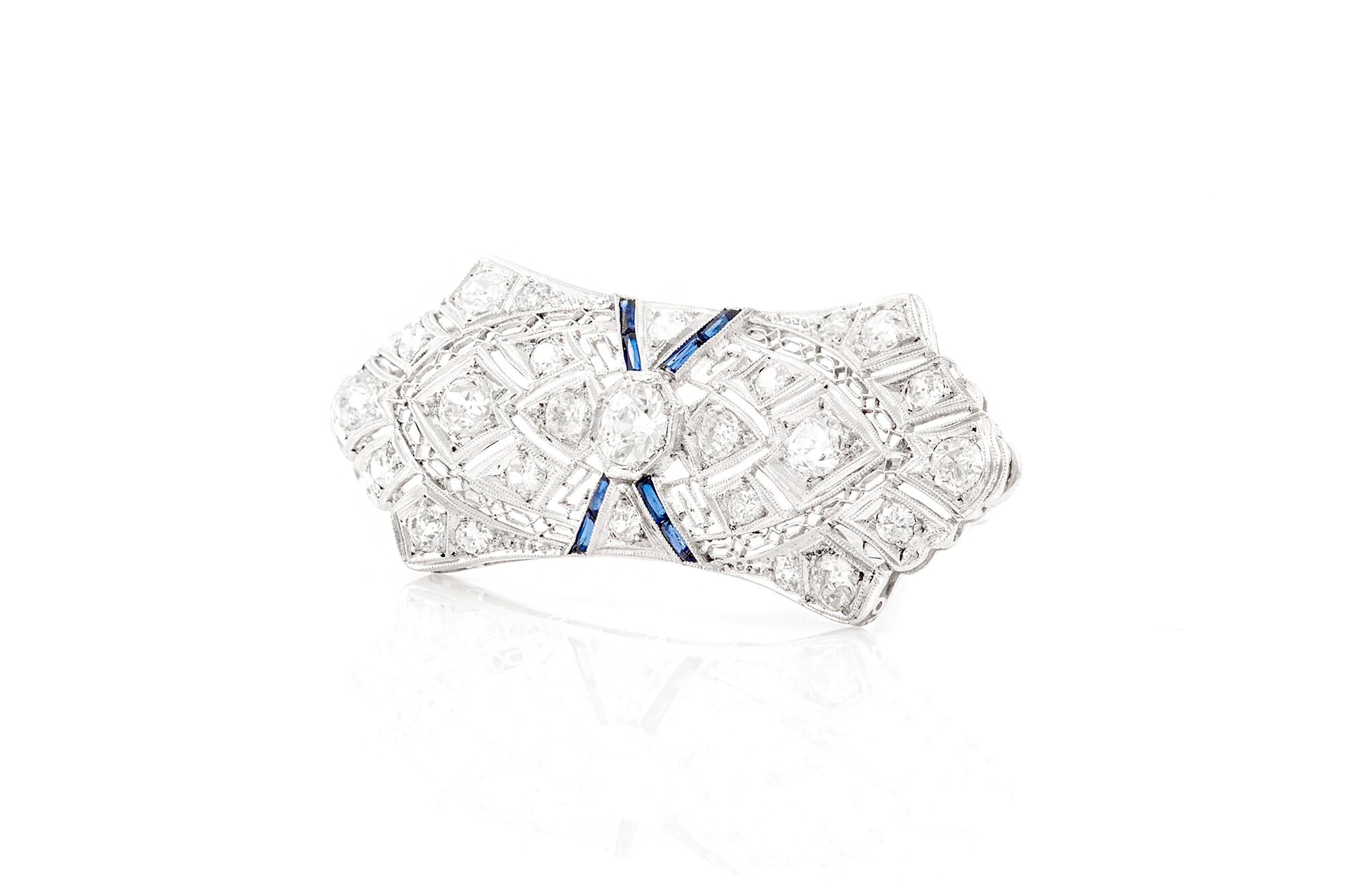 Women's Platinum Diamond and Synthetic Sapphire Brooch For Sale