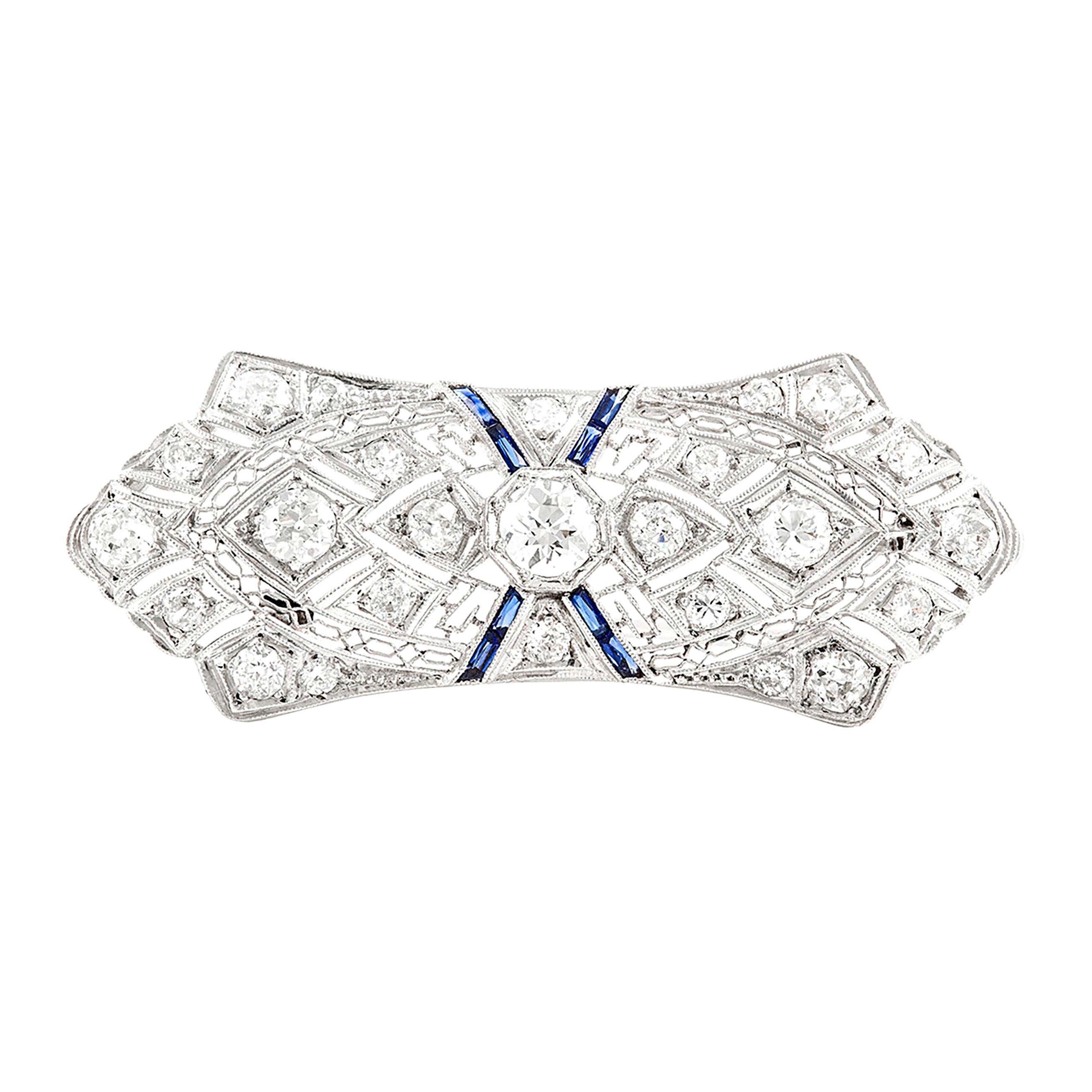 Platinum Diamond and Synthetic Sapphire Brooch For Sale