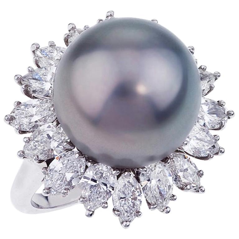 Platinum Diamond and 13.4mm Tahitian Pearl Ring For Sale