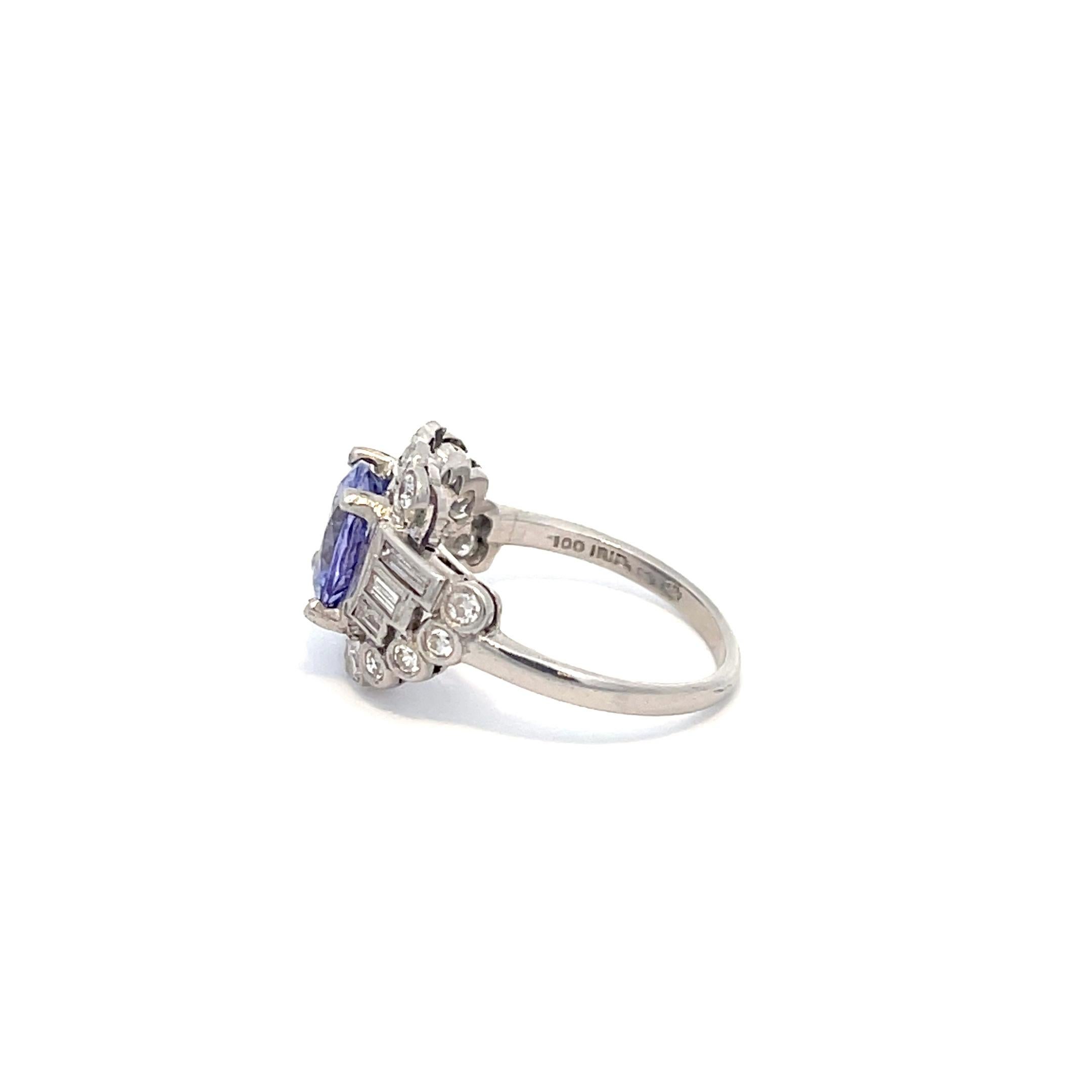 Round Cut Platinum Diamond and Tanzanite Art Deco Ring For Sale