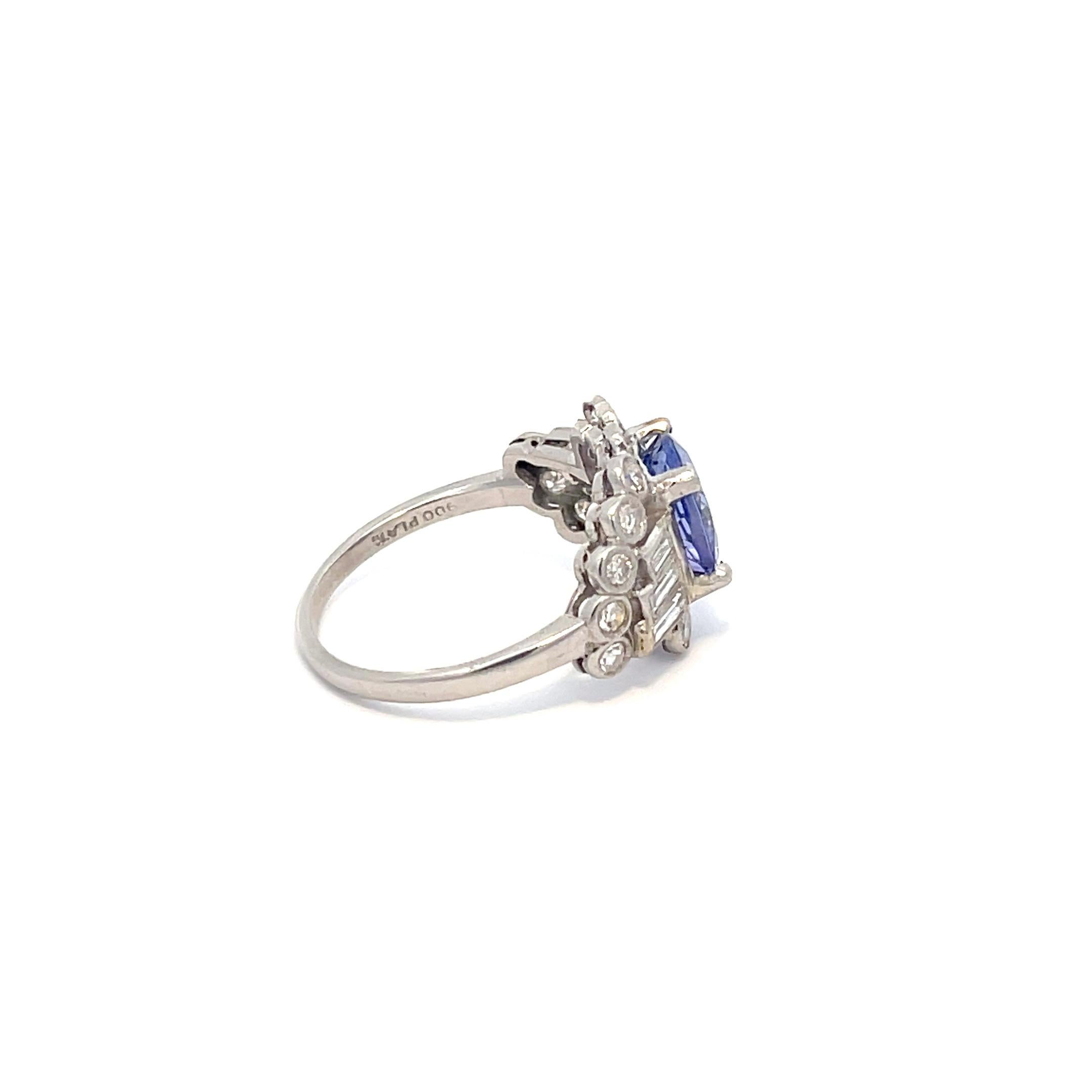 Platinum Diamond and Tanzanite Art Deco Ring In Good Condition For Sale In Dallas, TX