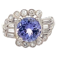 Platinum Diamond and Tanzanite Art Deco Ring