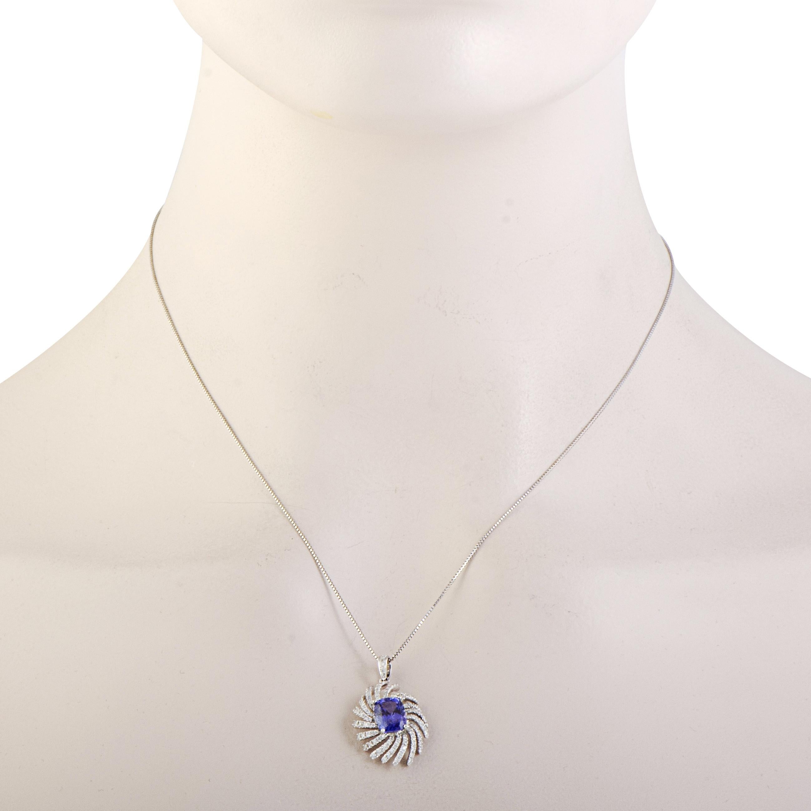 Platinum Diamond and Tanzanite Oval Pendant Necklace In Excellent Condition In Southampton, PA