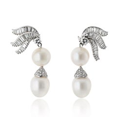 Platinum Diamond And White Pearl Dangling Earrings