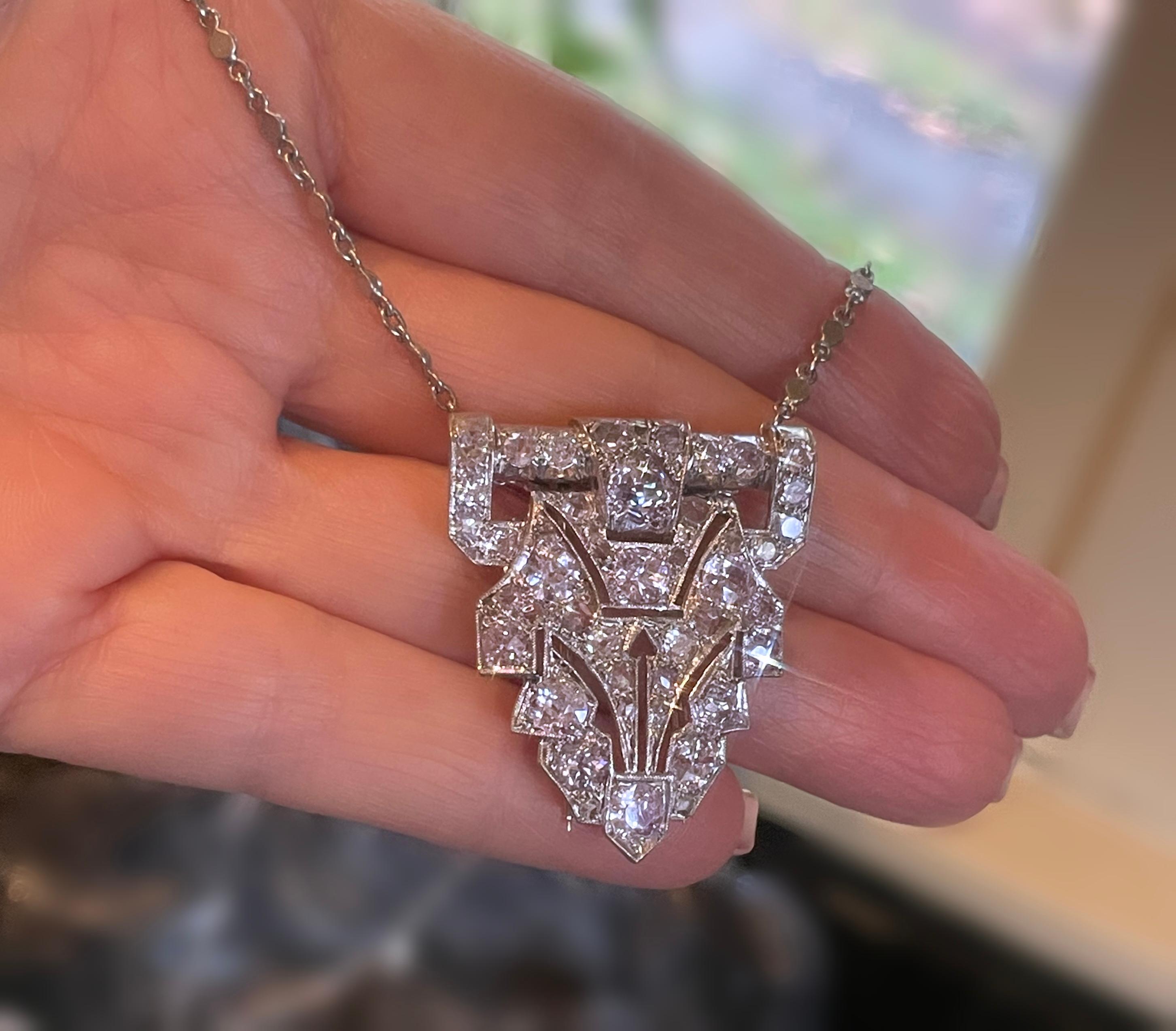 Platinum Diamond Antique Brooch Raymond Yard Pendant VS Old Mine Huge 8.19 Cts! For Sale 6