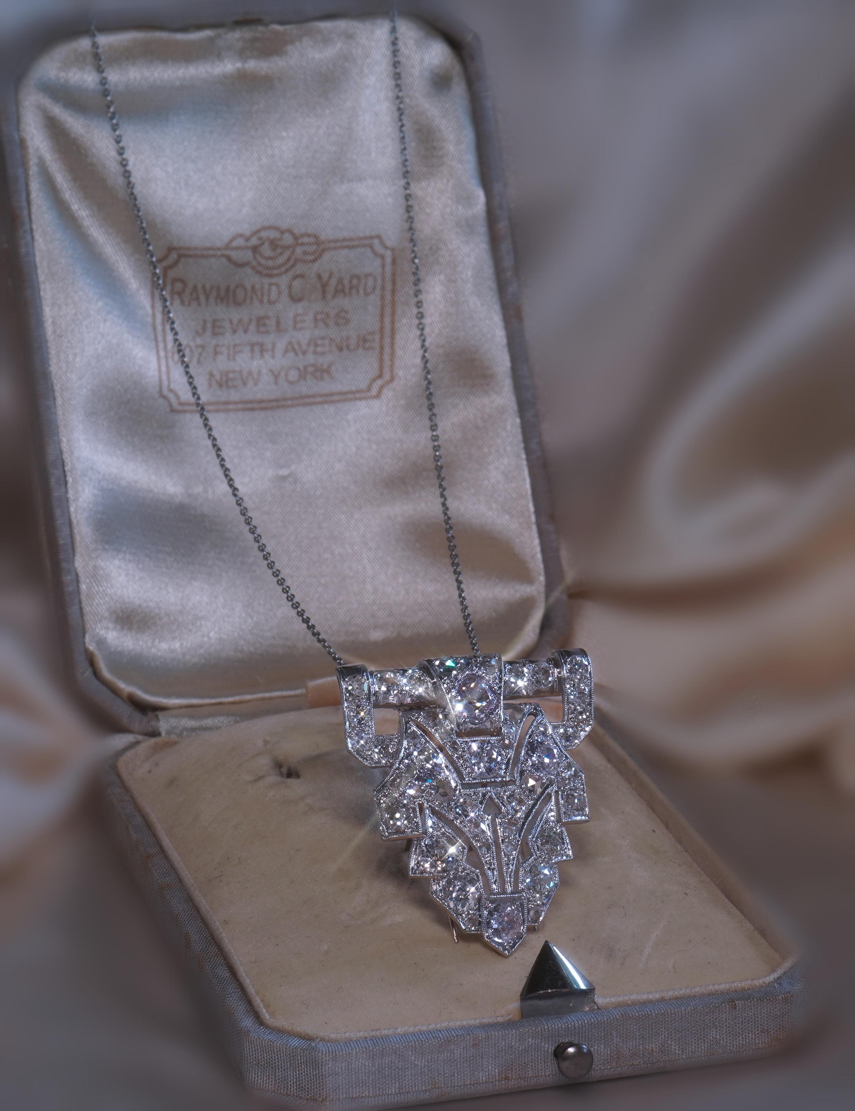 Round Cut Platinum Diamond Antique Brooch Raymond Yard Pendant VS Old Mine Huge 8.19 Cts! For Sale