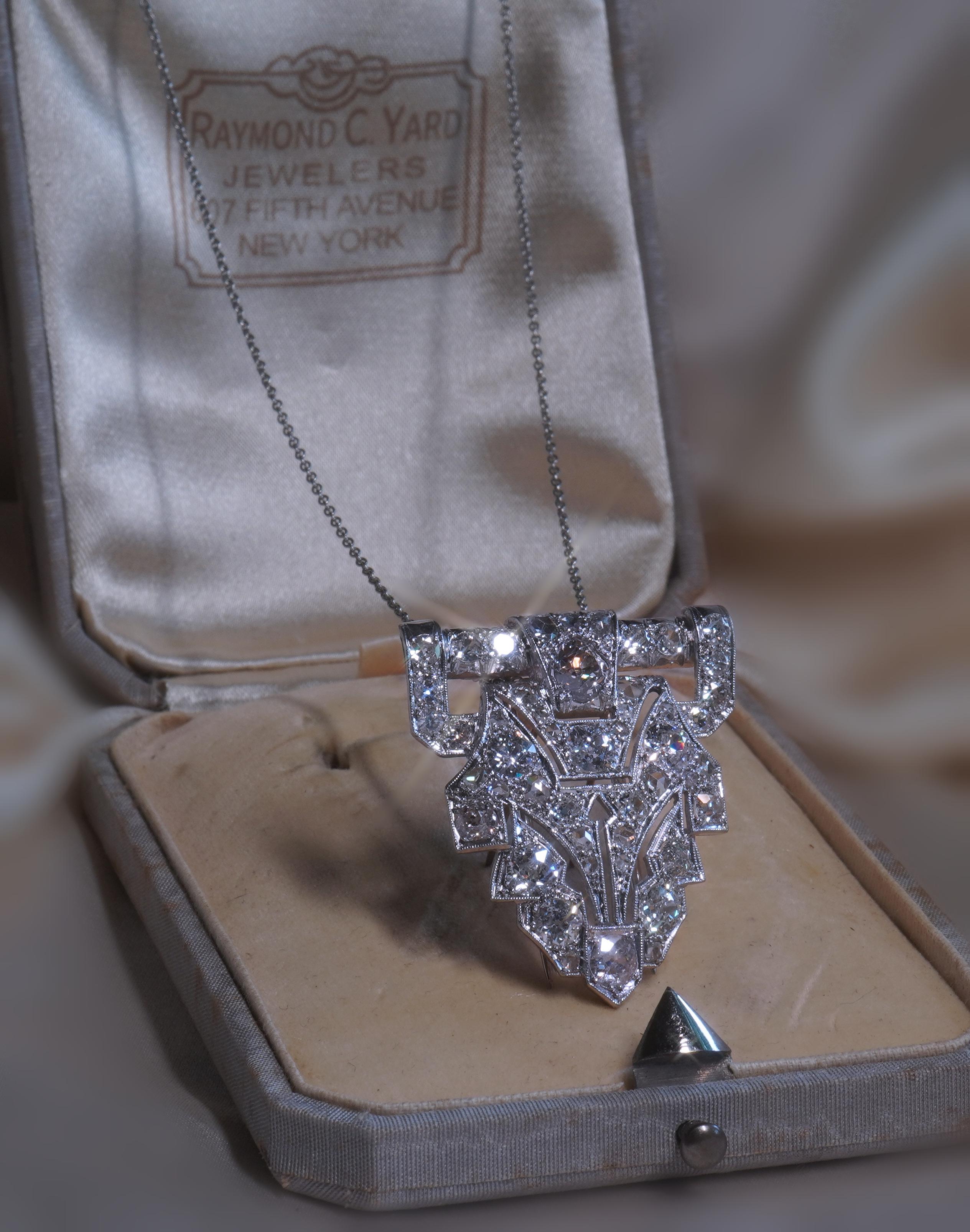Platinum Diamond Antique Brooch Raymond Yard Pendant VS Old Mine Huge 8.19 Cts! In Excellent Condition For Sale In Sylvania, GA