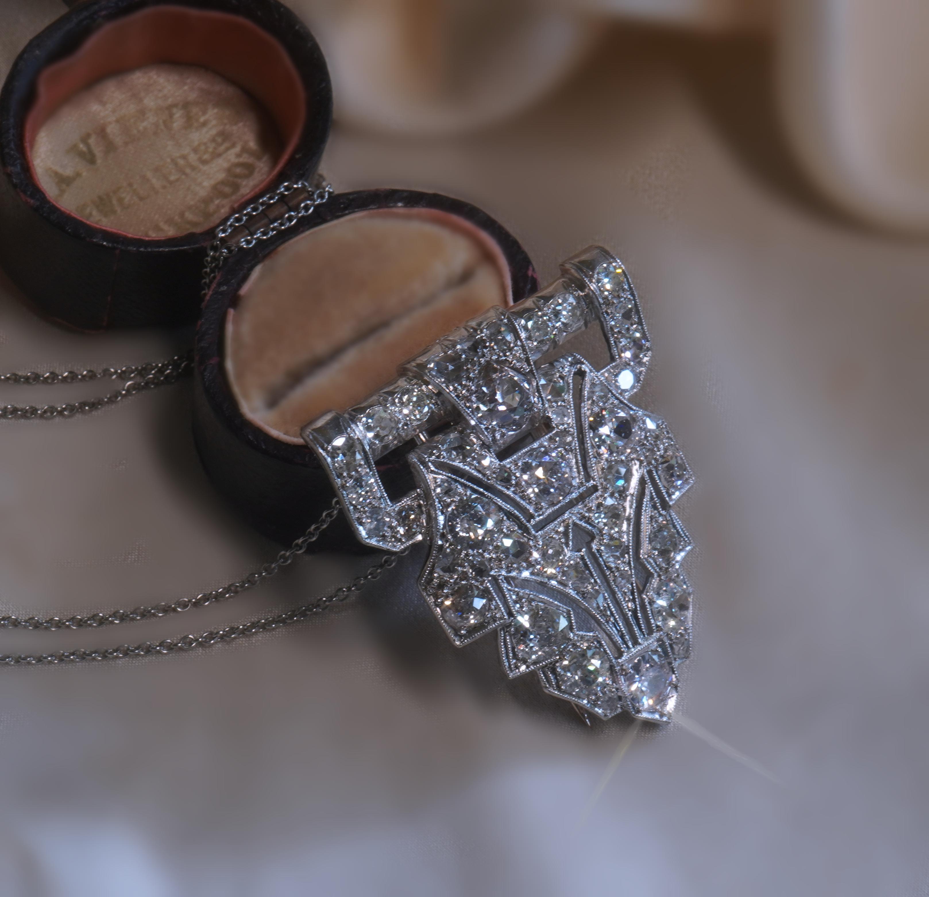 Platinum Diamond Antique Brooch Raymond Yard Pendant VS Old Mine Huge 8.19 Cts! For Sale 2