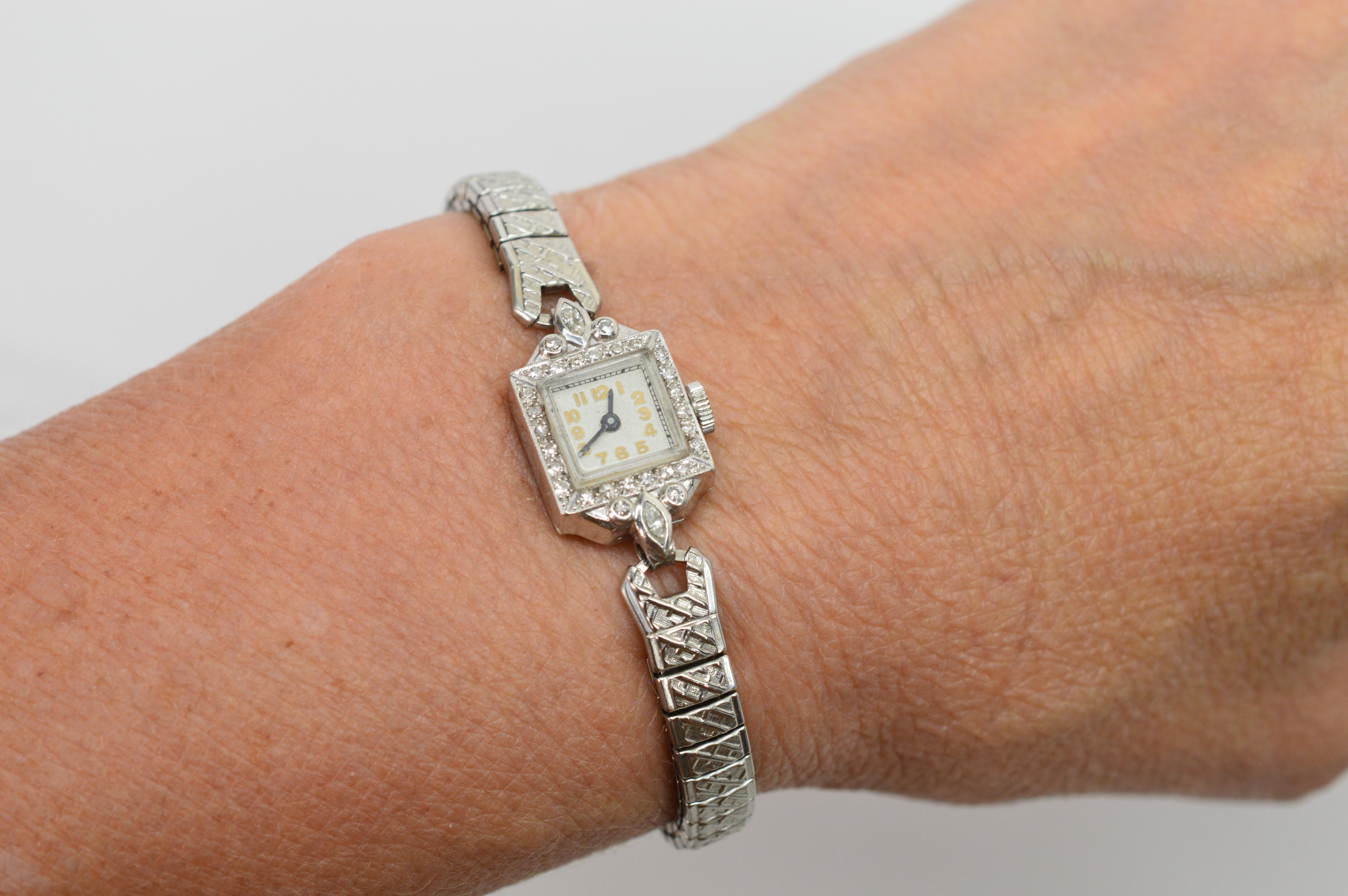 Platinum Diamond Antique Ladies Wrist Watch In Good Condition In Mount Kisco, NY