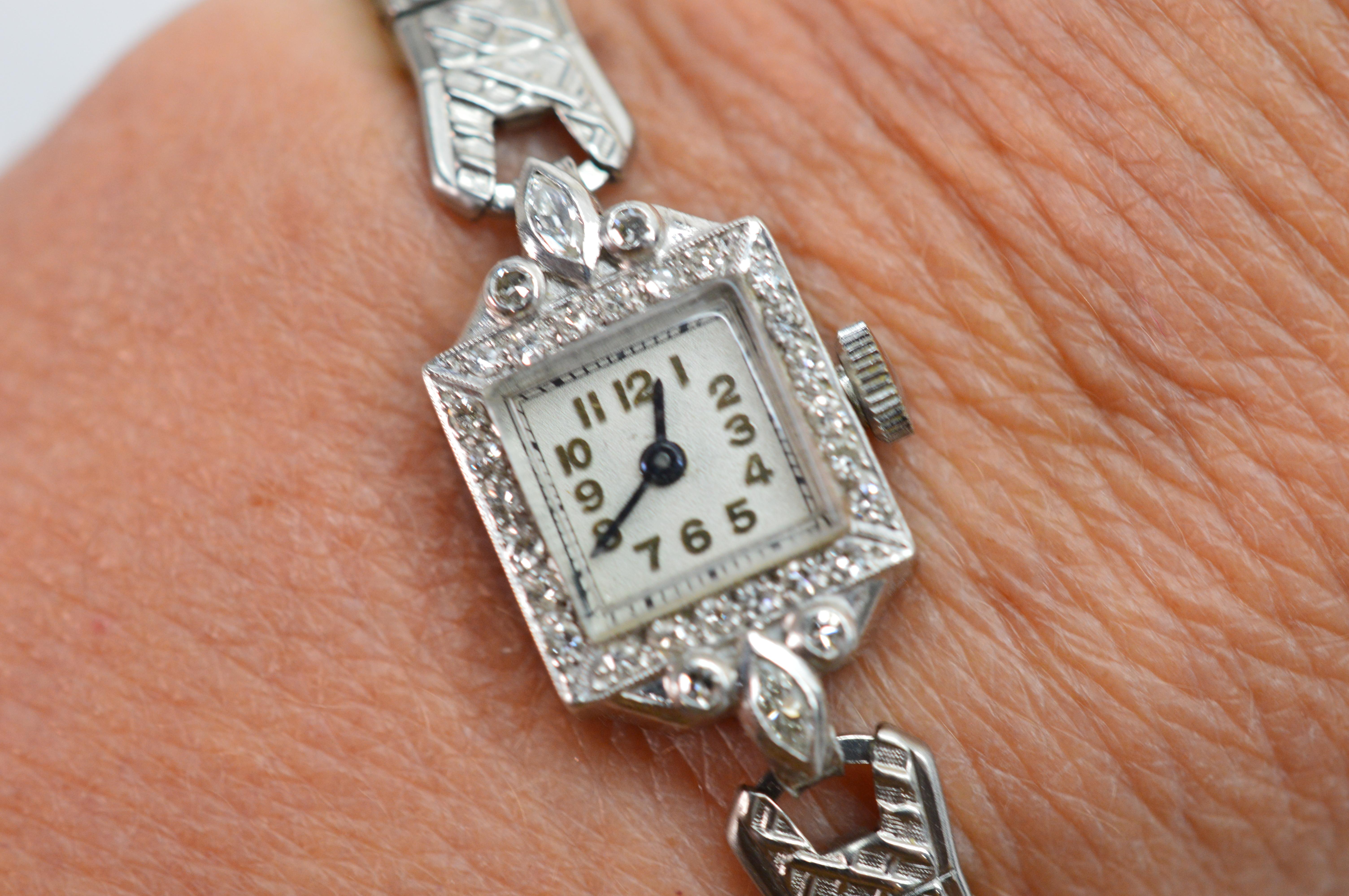 Women's Platinum Diamond Antique Ladies Wrist Watch