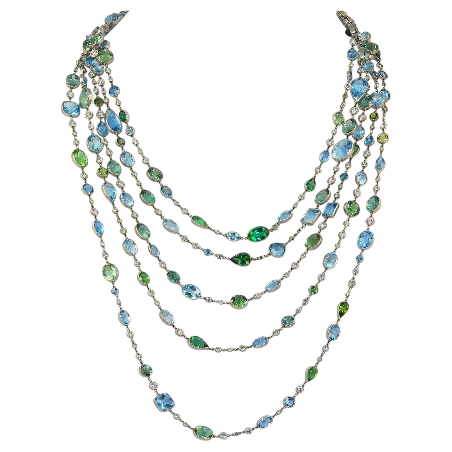 Sautoir aus Platin mit Diamanten, Aquamarin und Turmalin