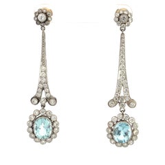 Platinum Diamond Aquamarine Long Earrings