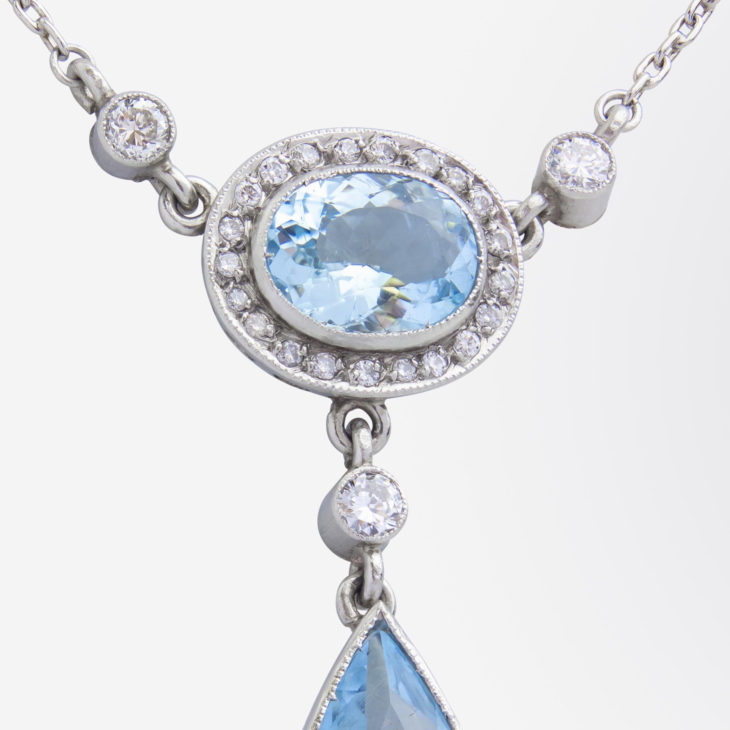 Pear Cut Platinum, Diamond & Aquamarine Necklace For Sale