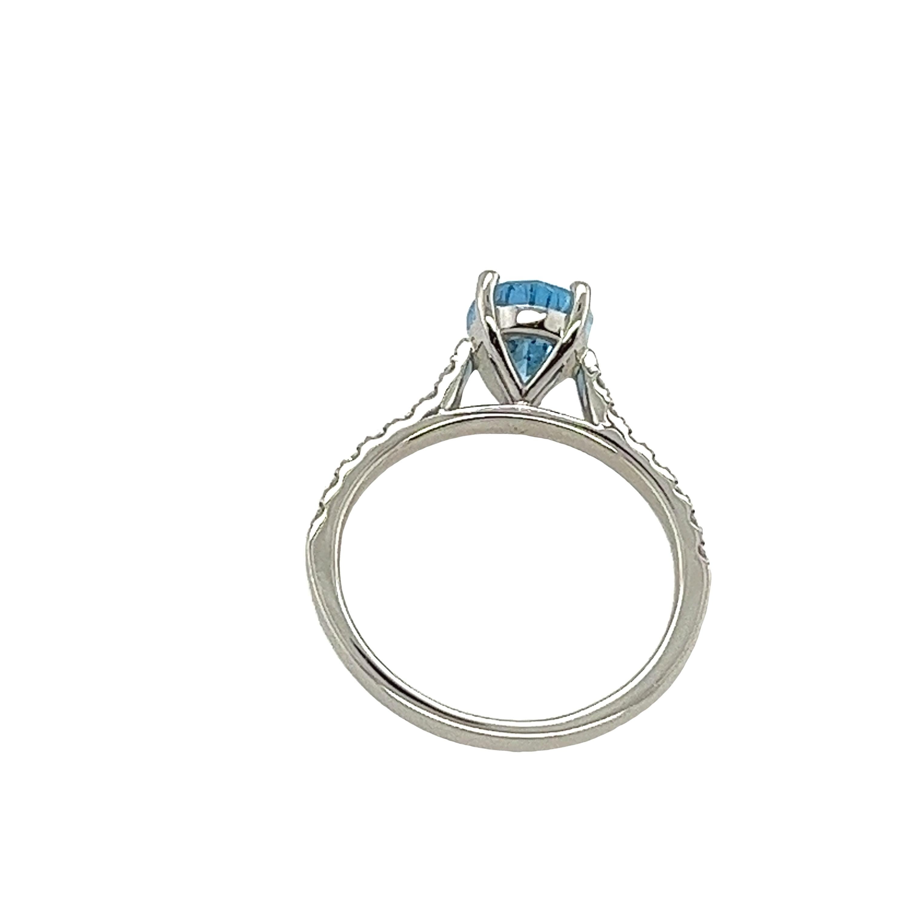 This gorgeous pear shape aquamarine ring is set in a platinum setting, with 0.22ct natural round brilliant cut diamonds on shoulders. This is a unique and eye-catching ring.
Total Diamond Weight: 0.22ct
Diamond Colour: G
Diamond Clarity: VS1
Total