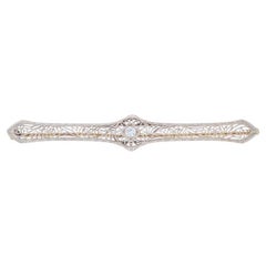 Platinum Diamond Art Deco Bar Brooch - 14k European Vintage Floral Filigree Pin