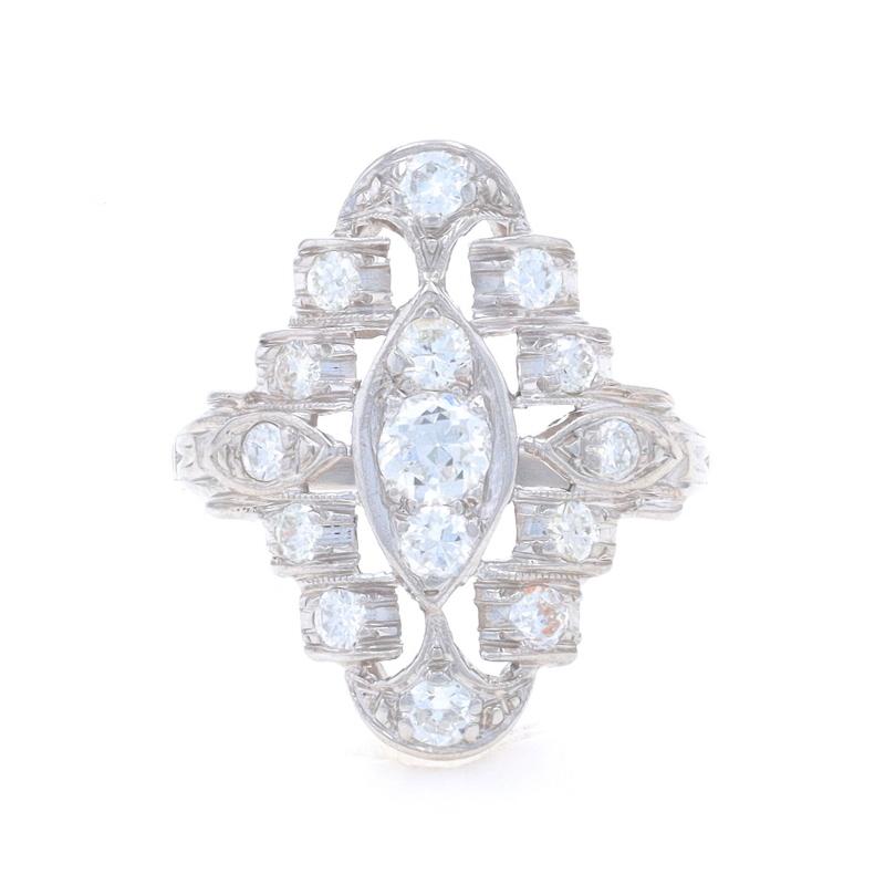 Size: 2 1/4
Sizing Fee: Up 1 size for $80 or Down 1/2 a size for $60

Era: Art Deco
Date: 1920s - 1930s

Metal Content: 90% Platinum

Stone Information

Natural Diamonds
Carat(s): .47ctw
Cut: Transitional
Color: F - G
Clarity: VS1 - VS2

Total