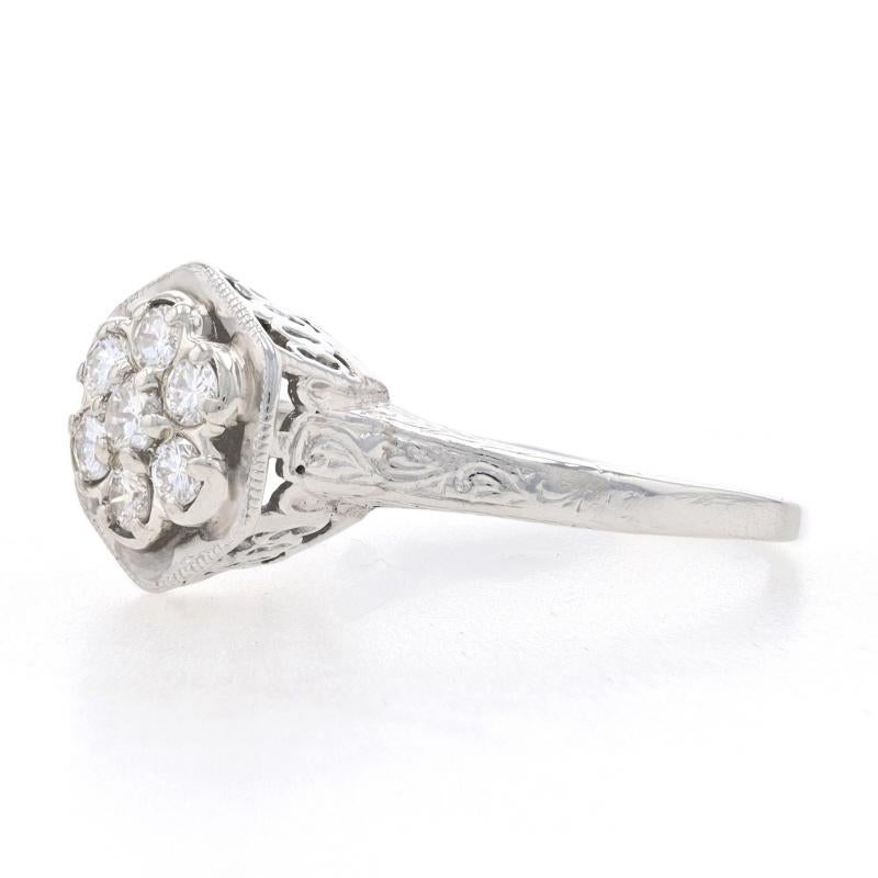 Round Cut Platinum Diamond Art Deco Cluster Halo Engagement Ring Rnd .35ctw Floral Vintage For Sale