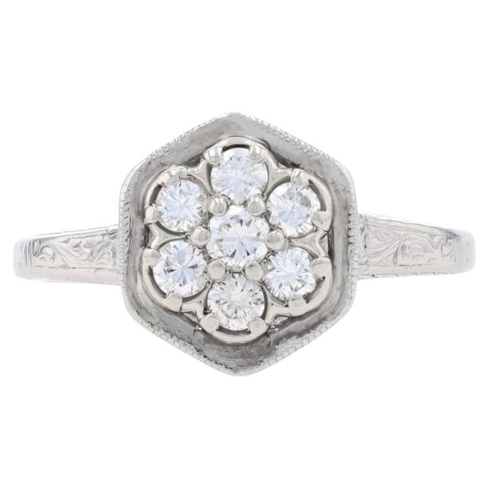 Platinum Diamond Art Deco Cluster Halo Engagement Ring Rnd .35ctw Floral Vintage