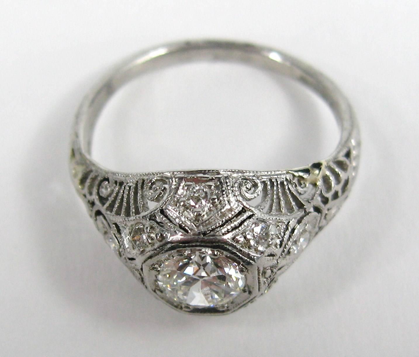 Old European Cut Platinum Diamond Art Deco Filigree Engagement Ring For Sale