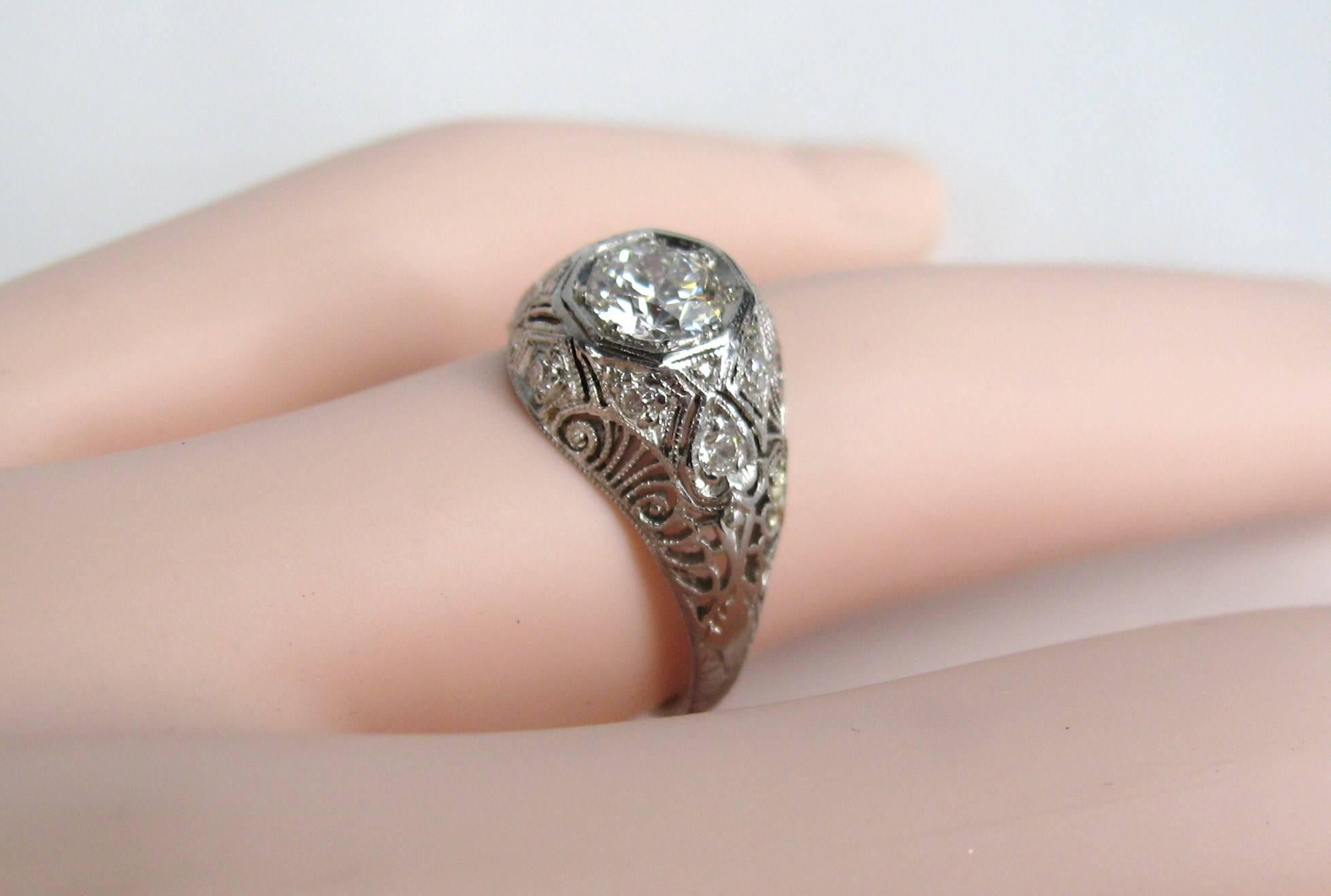 Women's Platinum Diamond Art Deco Filigree Engagement Ring For Sale