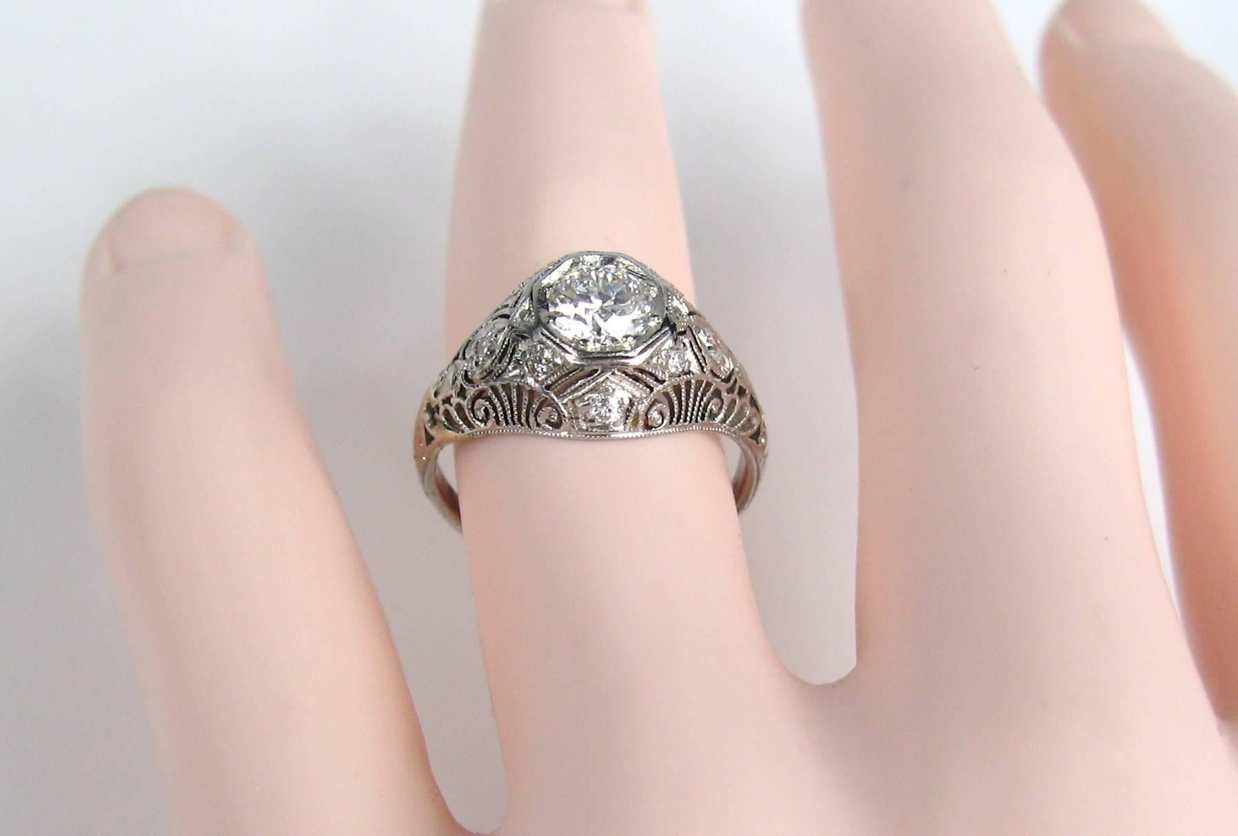 Platinum Diamond Art Deco Filigree Engagement Ring For Sale 1