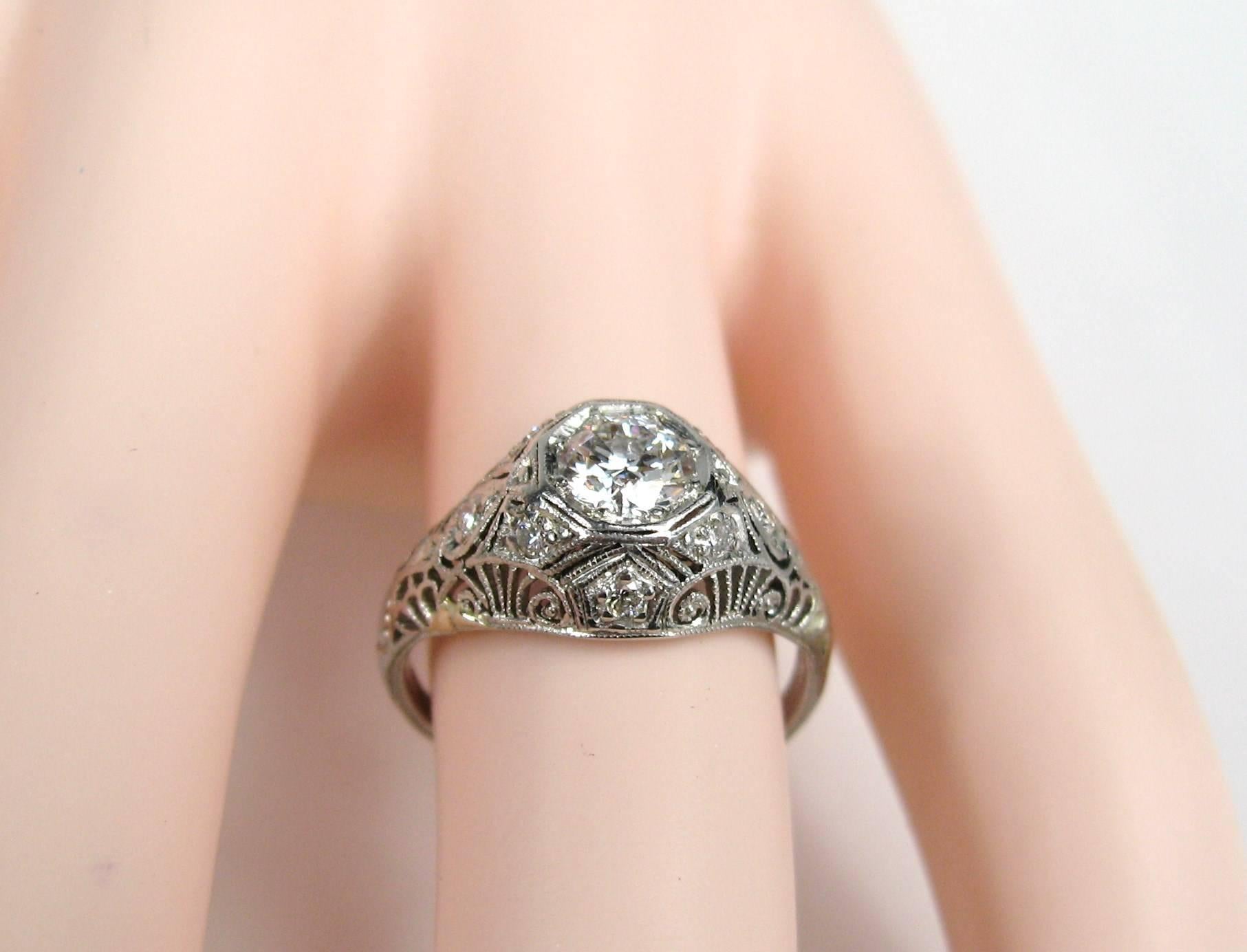 Platinum Diamond Art Deco Filigree Engagement Ring For Sale 2