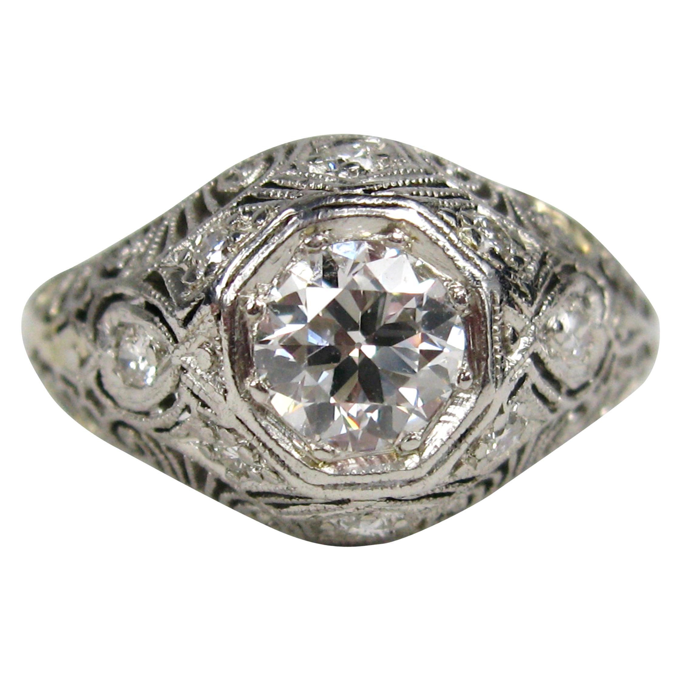 Platinum Diamond Art Deco Filigree Engagement Ring For Sale