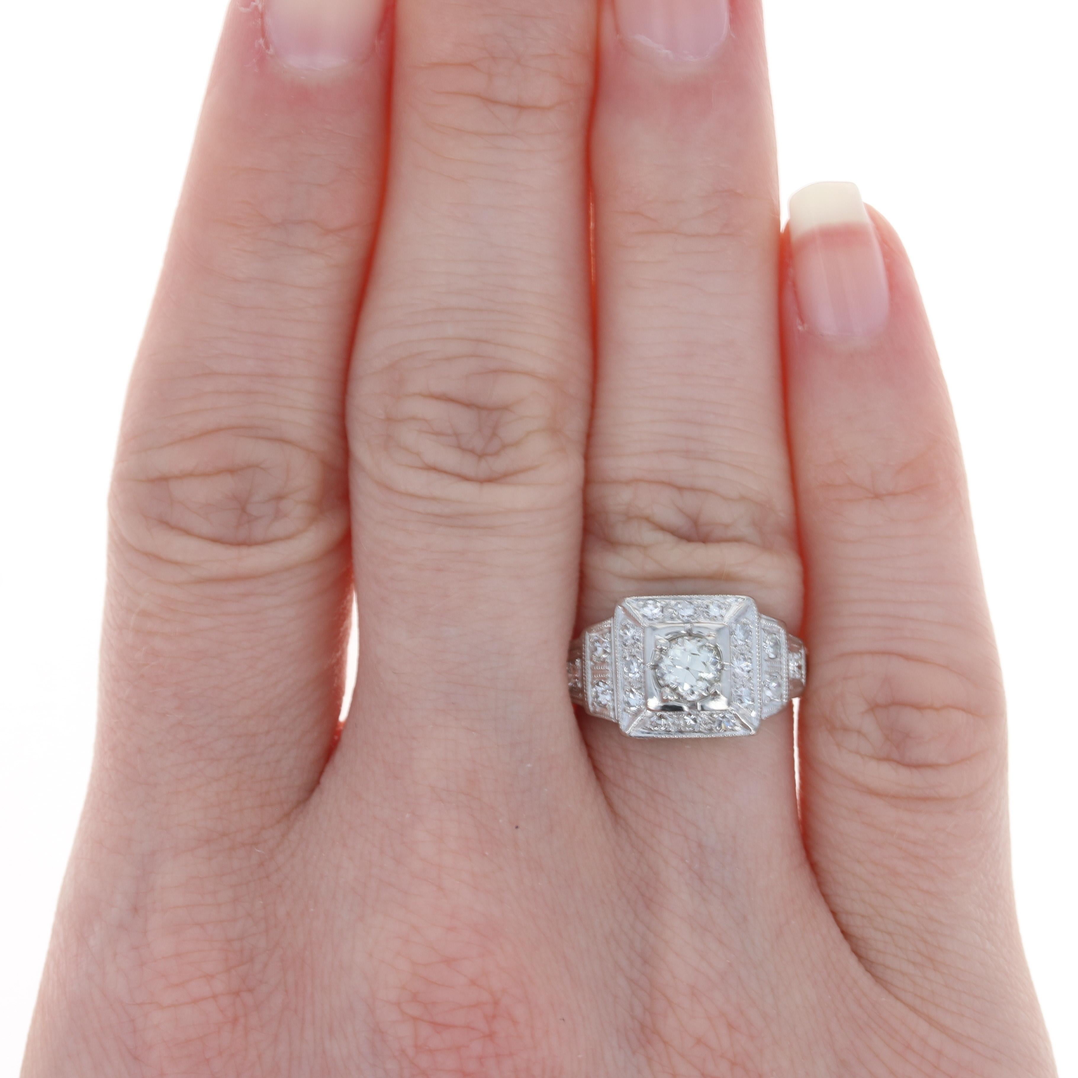 Size: 5
 Sizing Fee: Down 1 size for $30 or Up 2 sizes for $40
 
 Era: Art Deco 1920s - 1930s
 
 Metal Content: Platinum
 
 Stone Information: 
 Natural Diamond Solitaire
 Carat: .45ct
 Cut: Old European
 Color: K
 Clarity: VS2
 
 Natural Diamond