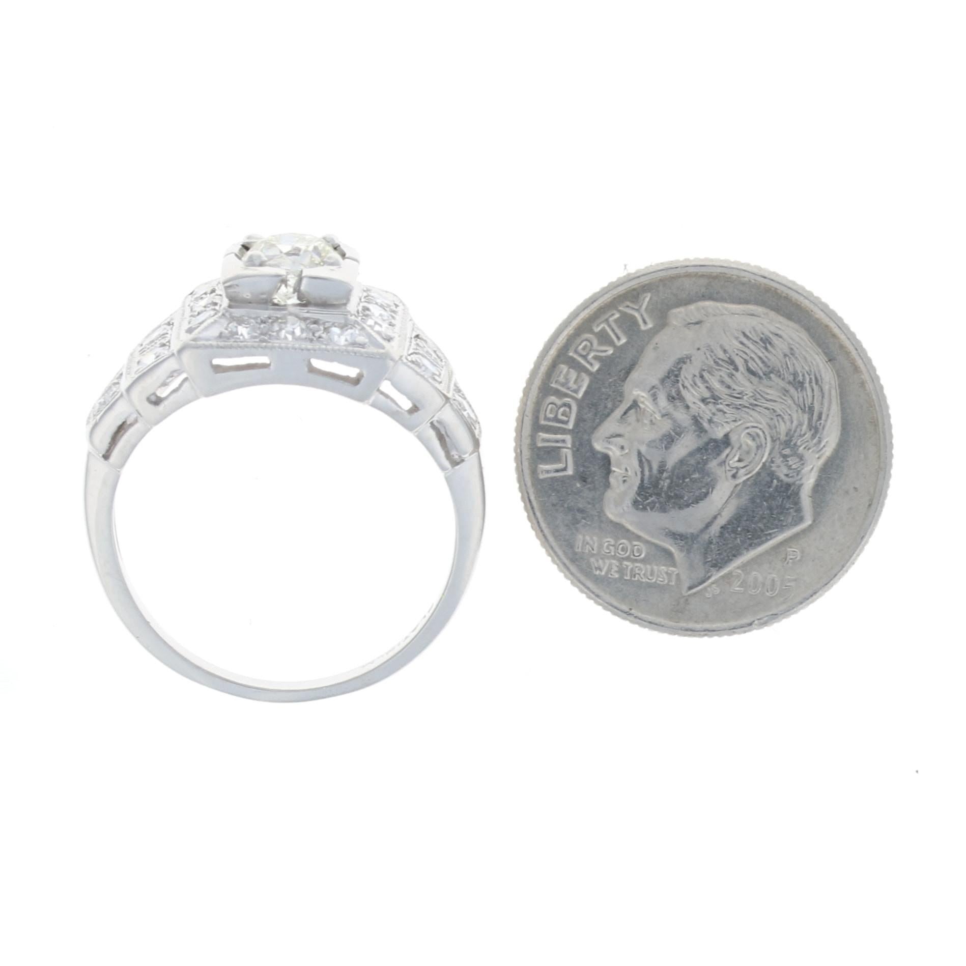 Women's or Men's Platinum Diamond Art Deco Halo Ring, Old European Cut .99ctw Vintage Milgrain